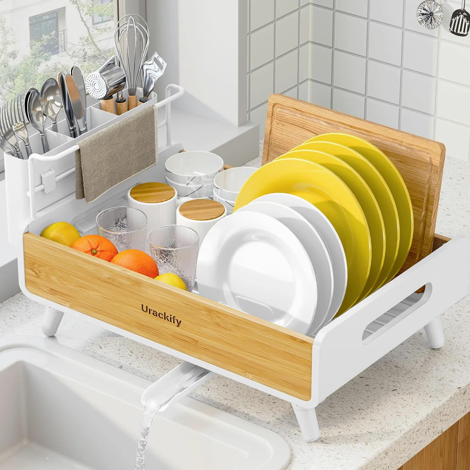 Urackify Escurridor de Platos, Bambú | Acero Inoxidable y Bambú, Soporte Utensilios Extraíble, para Encimera de Cocina