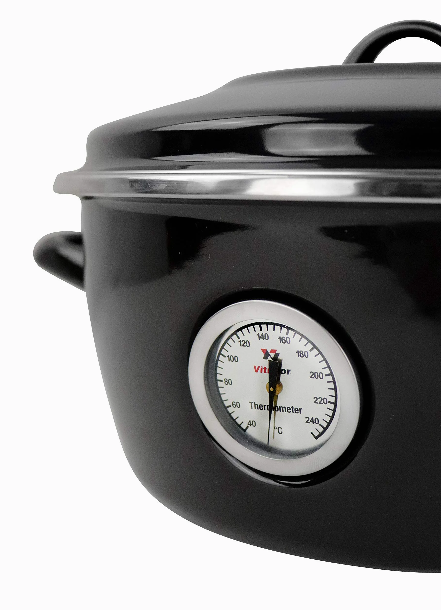Dutch Oven Magefesa Negro de 26cm. Fabricado en España. Material de acero esmaltado con termómetro incorporado y recubrimiento antiadherente. Herrajes y tapas especiales para horno.