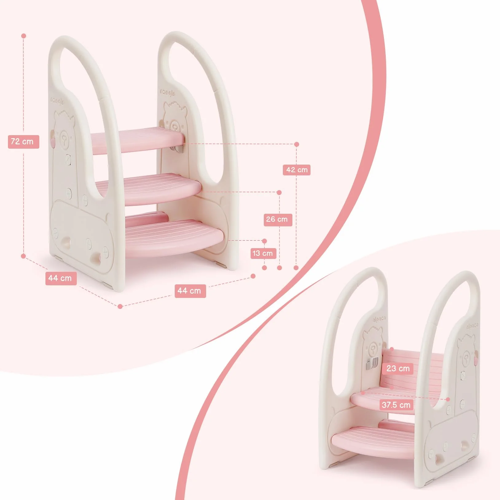 Onasti Taburete Niños 3 Pasos Ajustable Multifunción Antideslizante Rosa