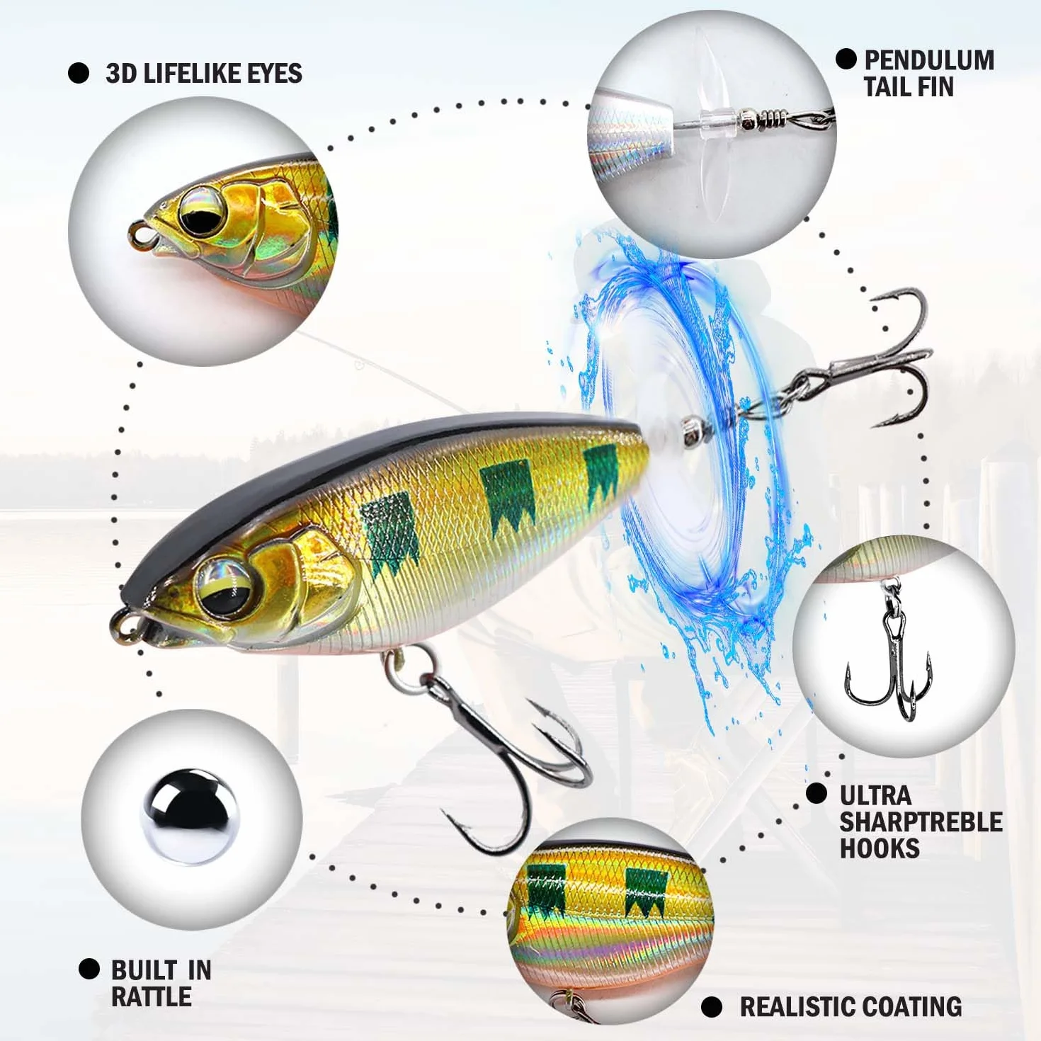 Whopper Plopper, Topwater Señuelos, Señuelo Flotante para Lubina con Cola de Hélice, para Agua Dulce o Salada.