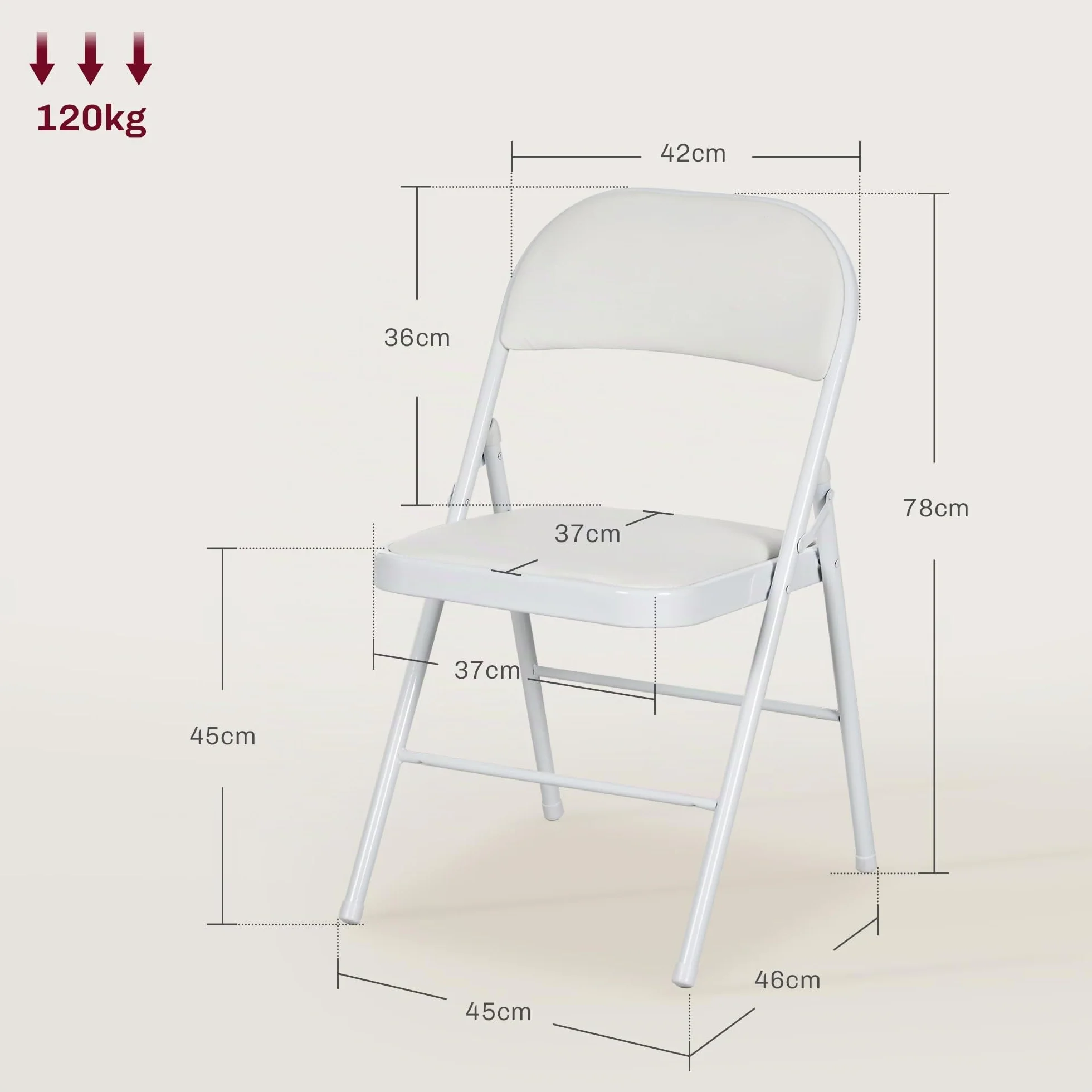 HOMCOM Juego de 2 Sillas Plegables Acolchadas con Respaldo y Estructura de Acero, para Salón, Comedor, Cocina, 45x46x78 cm, Blanco