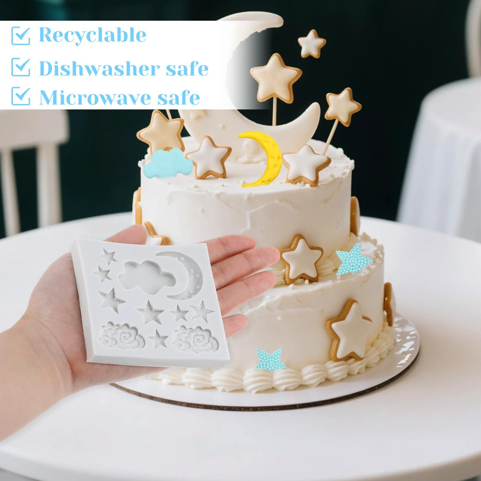 2 moldes de silicona, moldes de arcilla polimérica con forma de estrella y luna para caramelo, chocolate, fondant, decoración de pasteles, bricolaje, hornear, cupcakes, galletas, jabón y velas