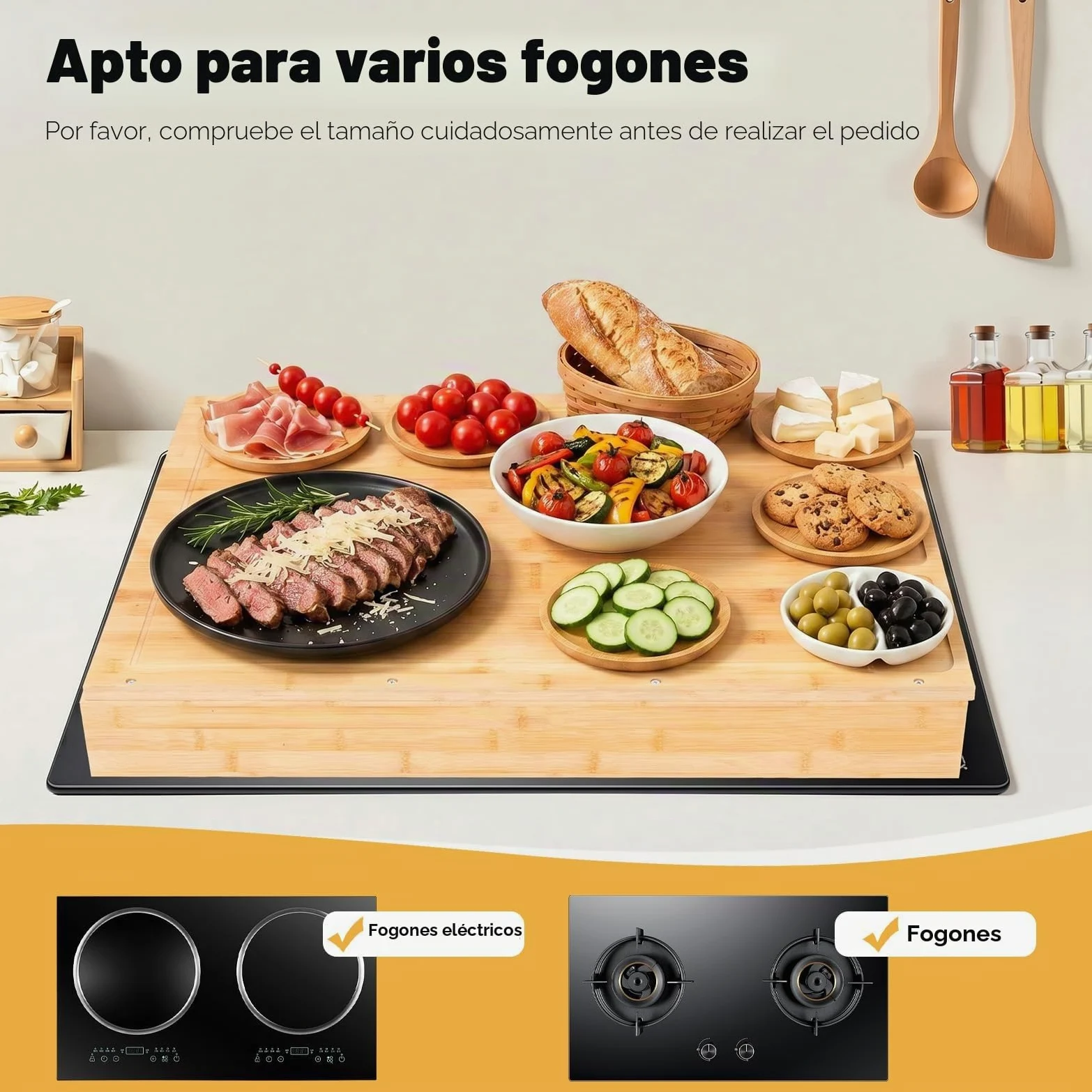 Cubierta de cocina de madera con 4 pies de apoyo extraíbles, cubierta de cocina, cubierta multifuncional, para la mayoría de cocinas de gas y eléctricas, 75 x 54 x 10 cm