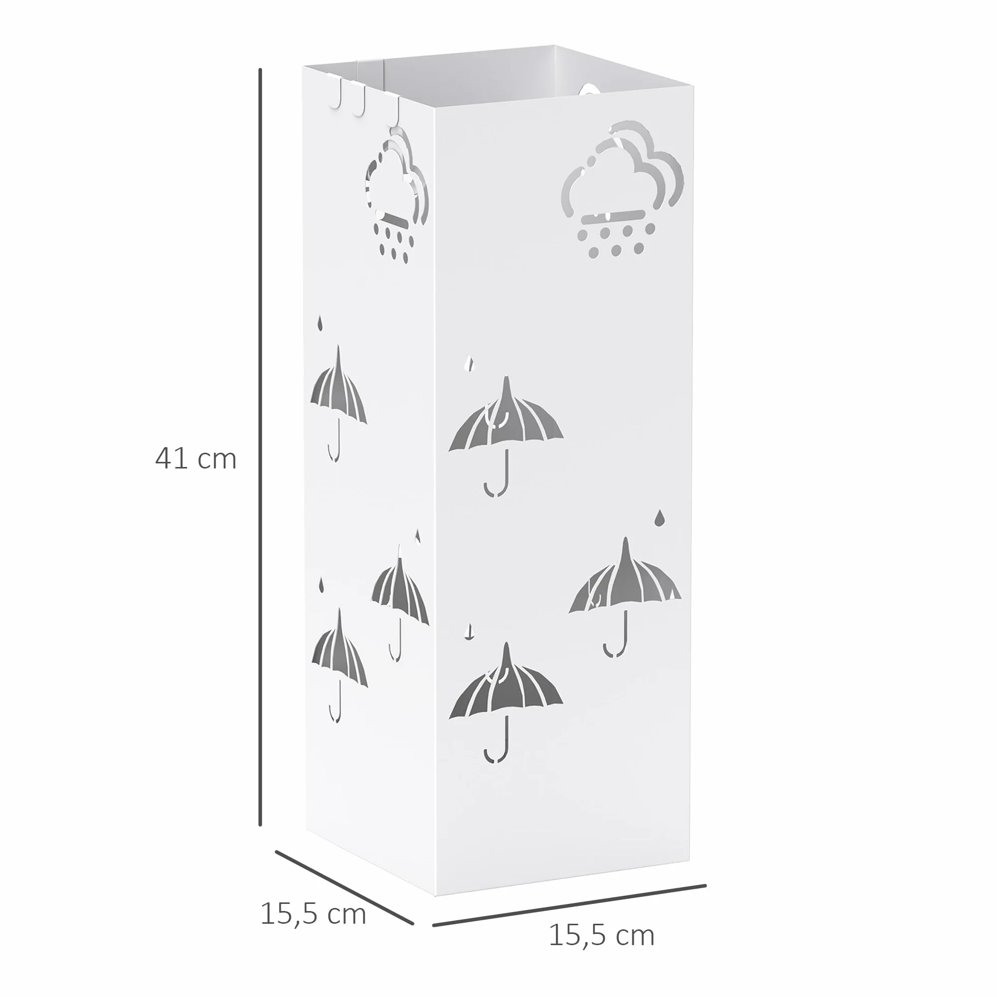 HOMCOM Paragüero de Acero Soporte Paraguas 4 Ganchos Bandeja Goteo Extraíble Blanco Entrada Oficina 15,5x15,5x41 cm