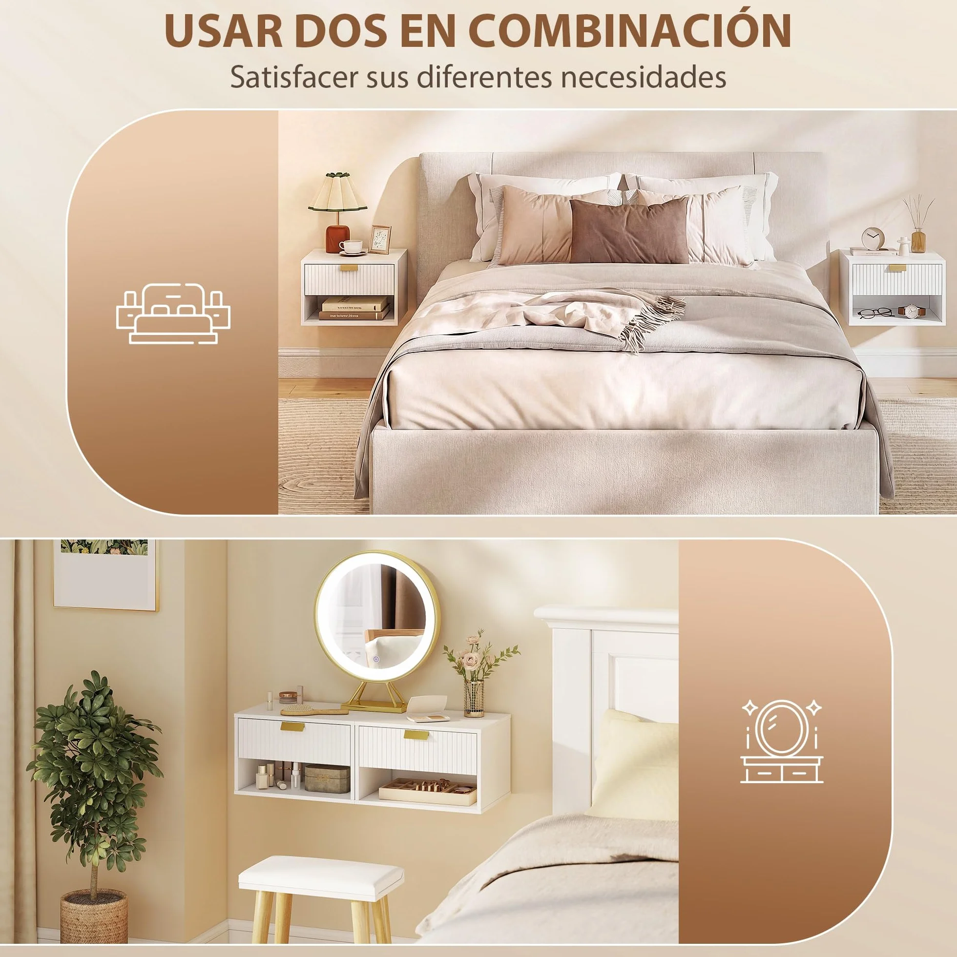 HOMCOM Juego de 2 Mesitas de Noche Flotantes con Cajón 40x30x25 cm Blanco | Mesillas de Noche, Frente Ondulado, Estante Abierto, Diseño Moderno, para Dormitorio