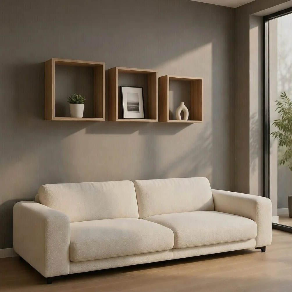 Juego de 3 Cubos Estantes de Pared Set de 3 Cubos Flotantes de Álamo 22,5/25,5/28,5 cm Estanterías Cuadradas para Decoración Libros Plantas y Objetos Organizadores de Pared (Marron)