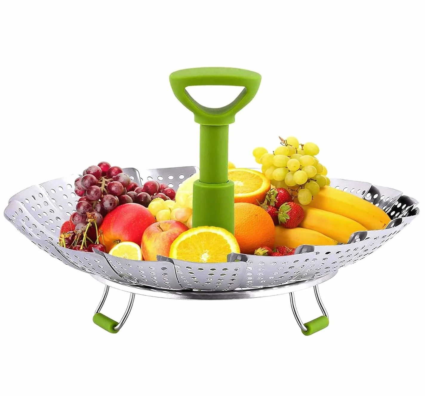 Voarge Cocina al vapor de acero inoxidable, accesorio para ollas, con mango extraíble anticalor y patas antideslizantes, accesorio de vapor plegable (forma de hoja)