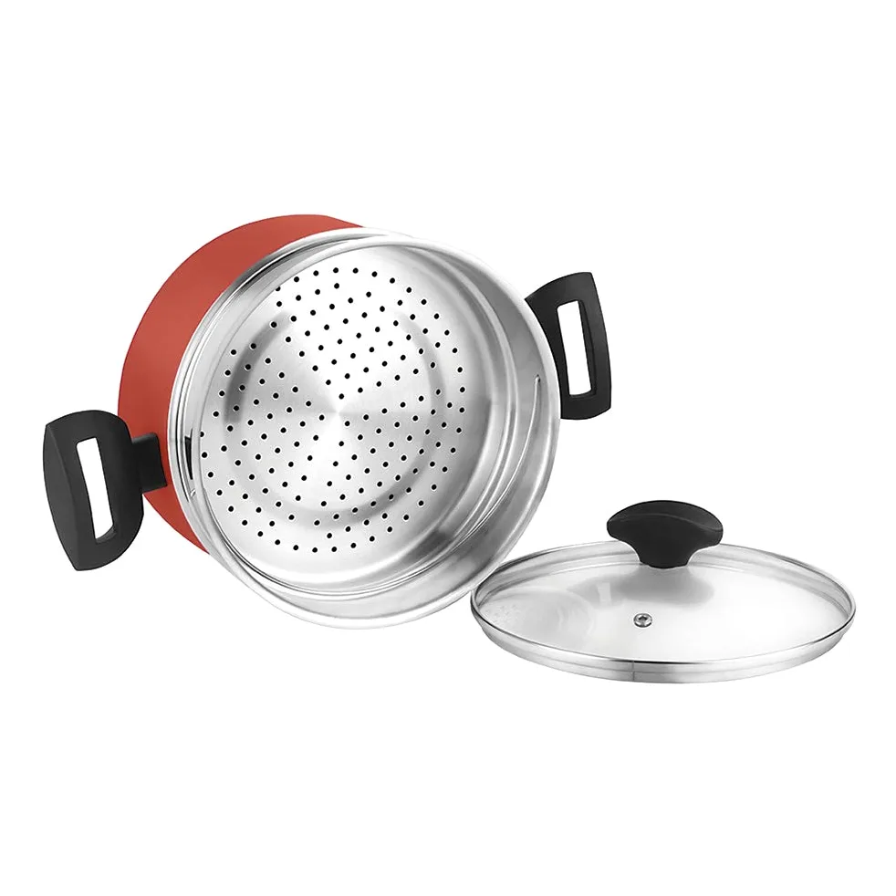 Fagor Maxima Olla Vaporera Inducción 20 cm, Cacerola Aluminio Forjado, Steamer Acero Inoxidable, Tapa de Cristal, Antiadherente sin PFOA, Apta para Todas Las Cocinas, Vitrocerámica, Gas, Rojo