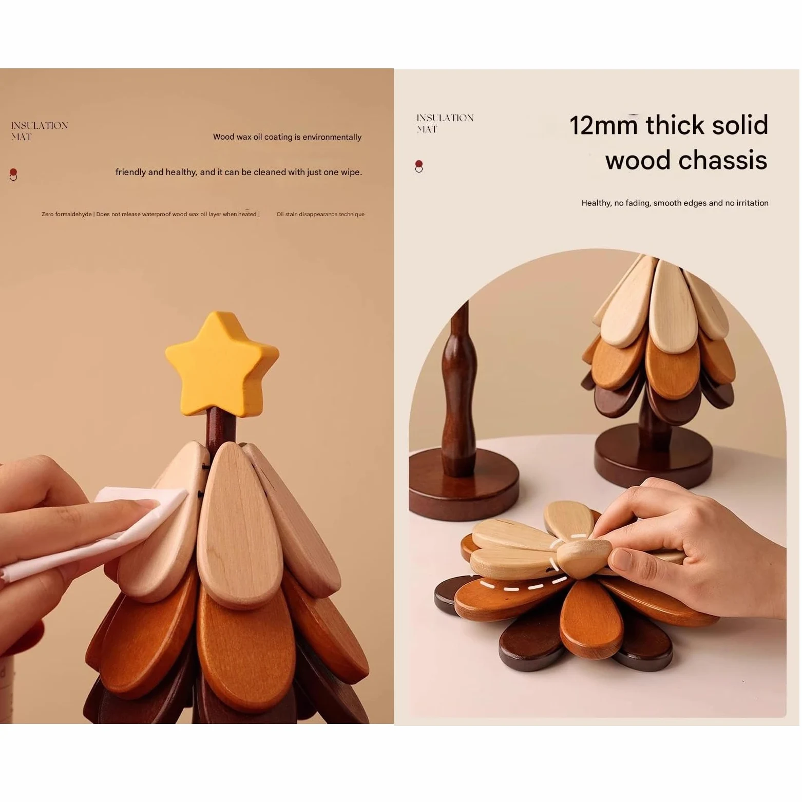 Juego de manteles individuales de Navidad, salvamanteles de madera, posavasos, salvamanteles de madera para platos calientes, soporte para sartén caliente, juego de salvamanteles para árbol de Navidad