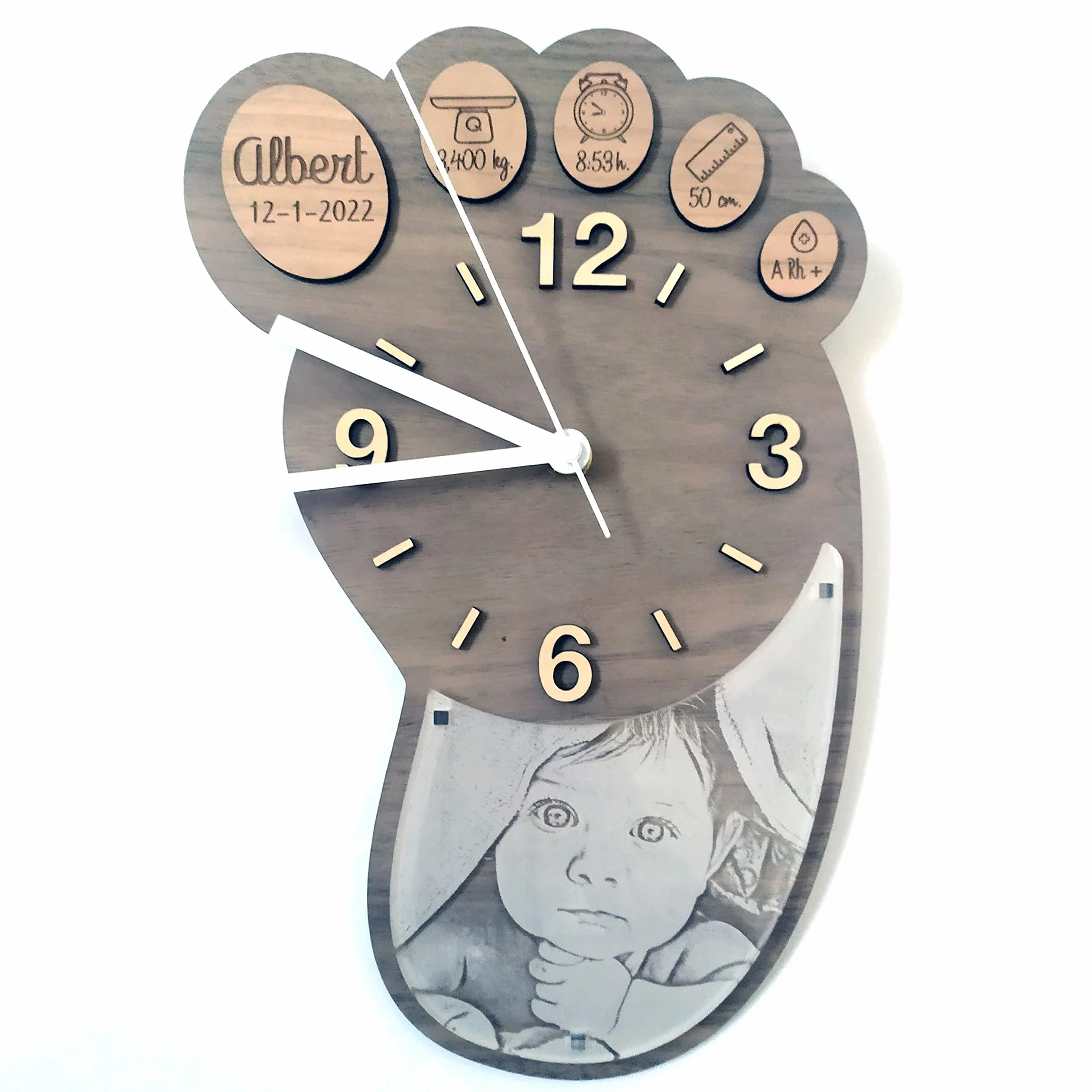 Reloj Natalicio de Madera Personalizado con Nombre, Fecha, Peso, Hora, Medida y Grupo Sanguíneo