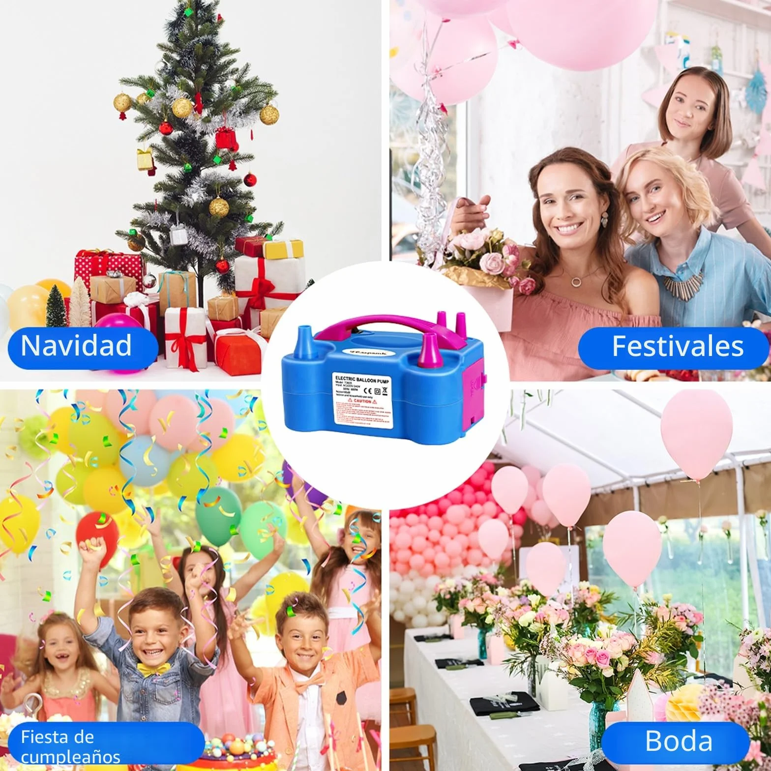 FLSEPAMB Inflador de Globos Electrico 600W ，Hinchador Balones Electrico con 2+2 Boquillas, Maquina Inflar Globos con 2 Modos de Inflado para Decoraciones de Cumpleaños, Fiestas y Bodas