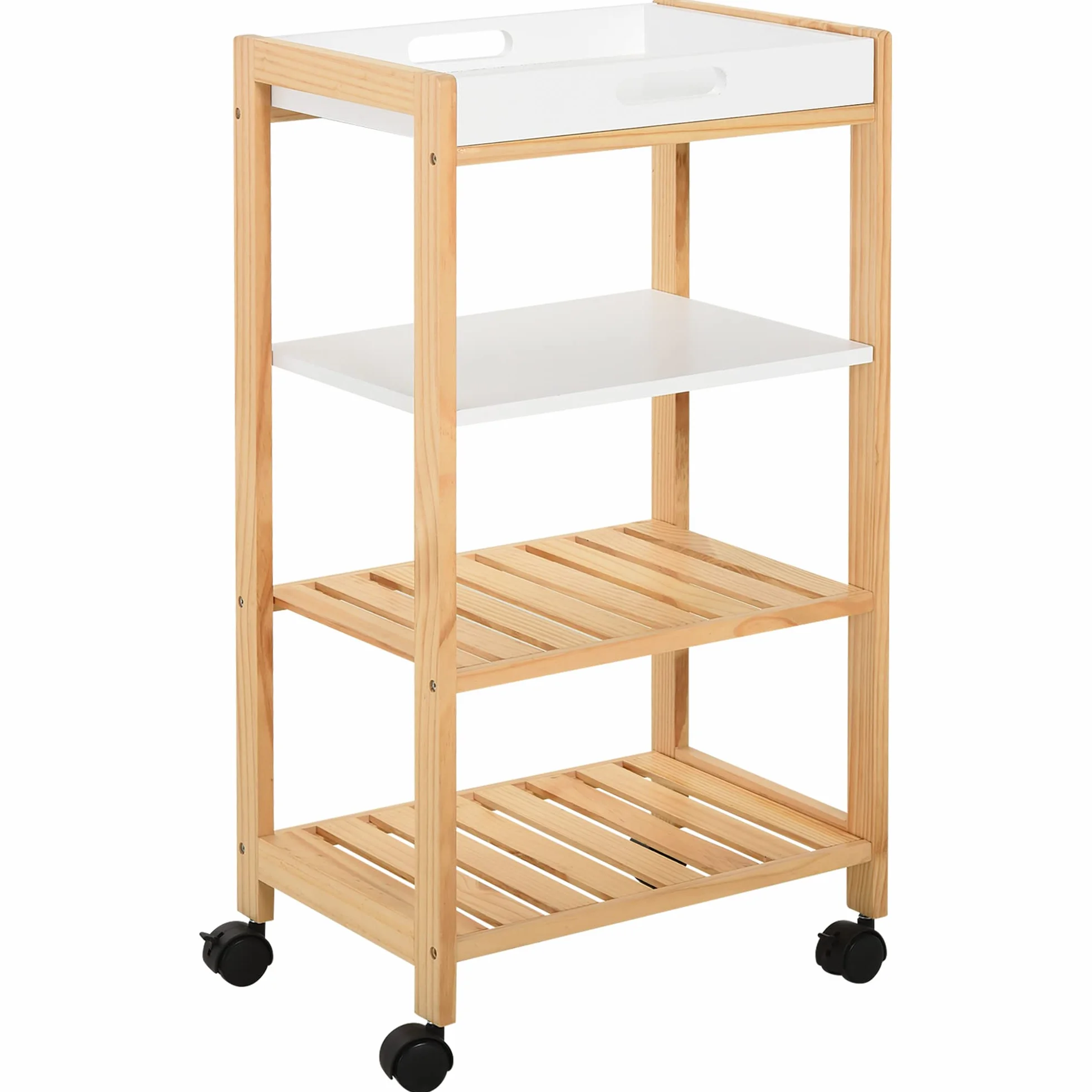 HOMCOM Carrito de Cocina Carrito de Servicio Doméstico de 4 Niveles con Una Bandeja Extraíble Estante Ruedas Universales 40x30x76 cm Blanco Madera