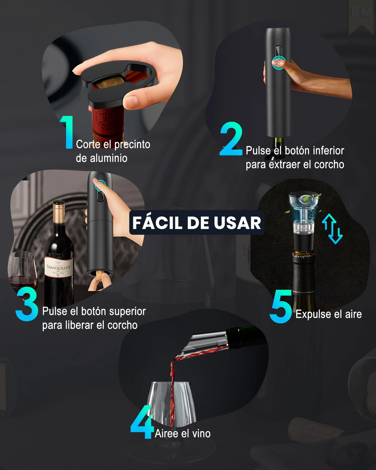 Sacacorchos eléctrico recargable con base de carga, abridor de vino electrico 6 en 1 juego regalo cumpleaños abrebotellas con vertedor aireador, tapón de vino al vacío, cortador láminas y cable USB