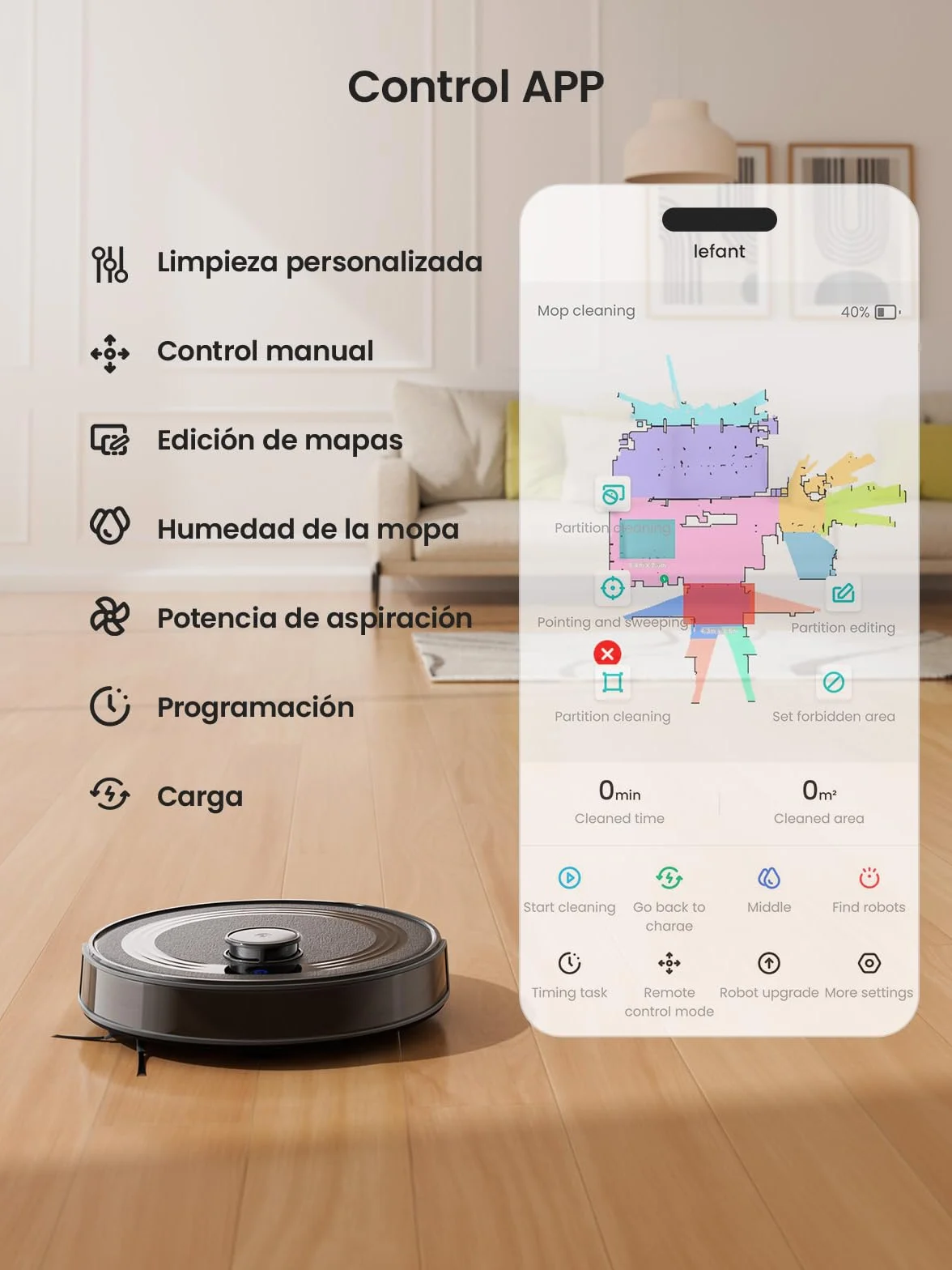 Lefant M2 Robot Aspirador y Fregasuelos 2 en 1, 6000Pa, 160min Automático, Navegación Láser, Evitación PSD, Limpieza Personalizada, Ideal para Limpiar Pelo de Mascotas y Suelos Duros