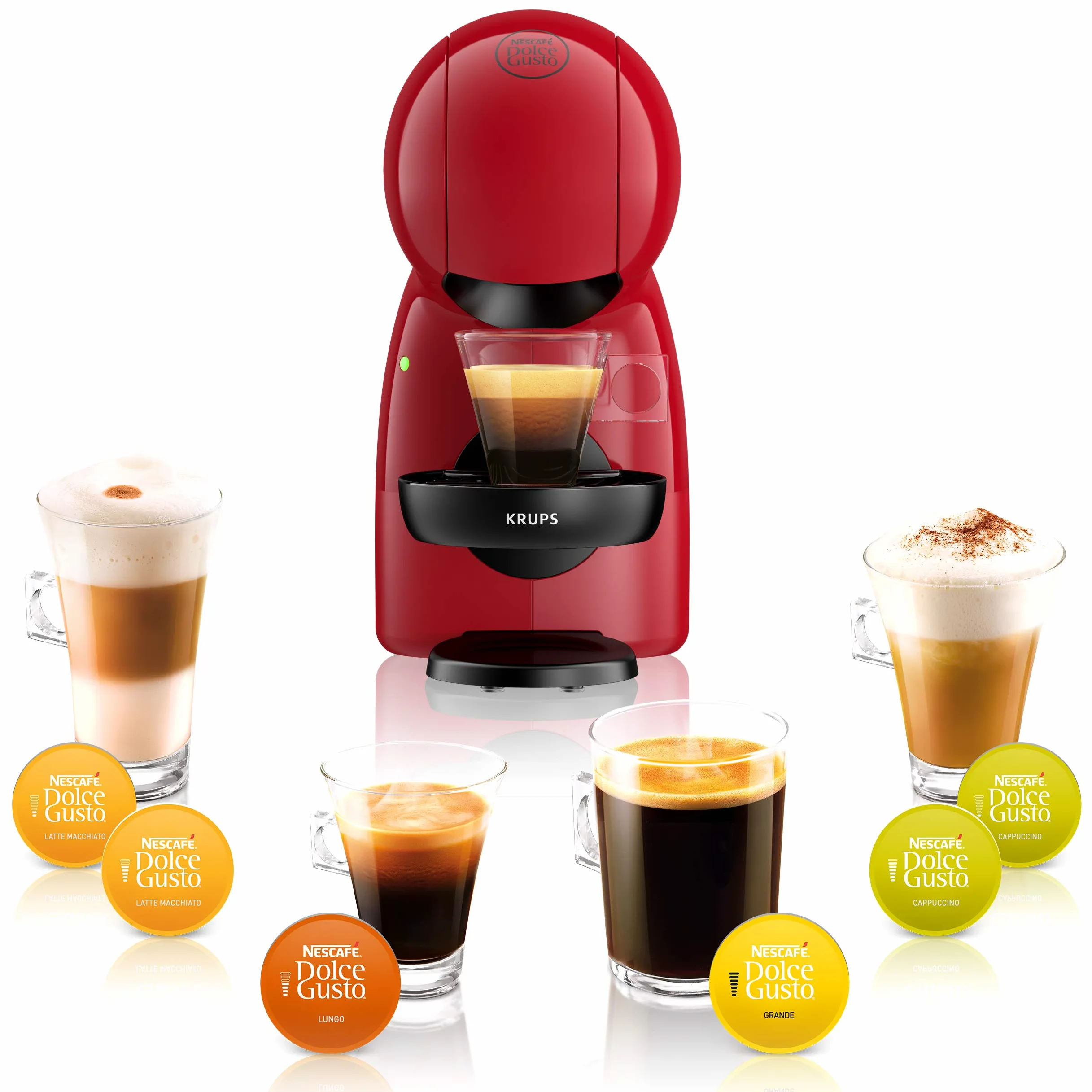 Krups Piccolo KP1A05 - Cafetera cápsulas Dolce Gusto, 15 bares y 1500 W, con depósito de 0.8 l, monodosis multibebidas frías y calientes, manual, Rojo + 3 Packs Café Intenso