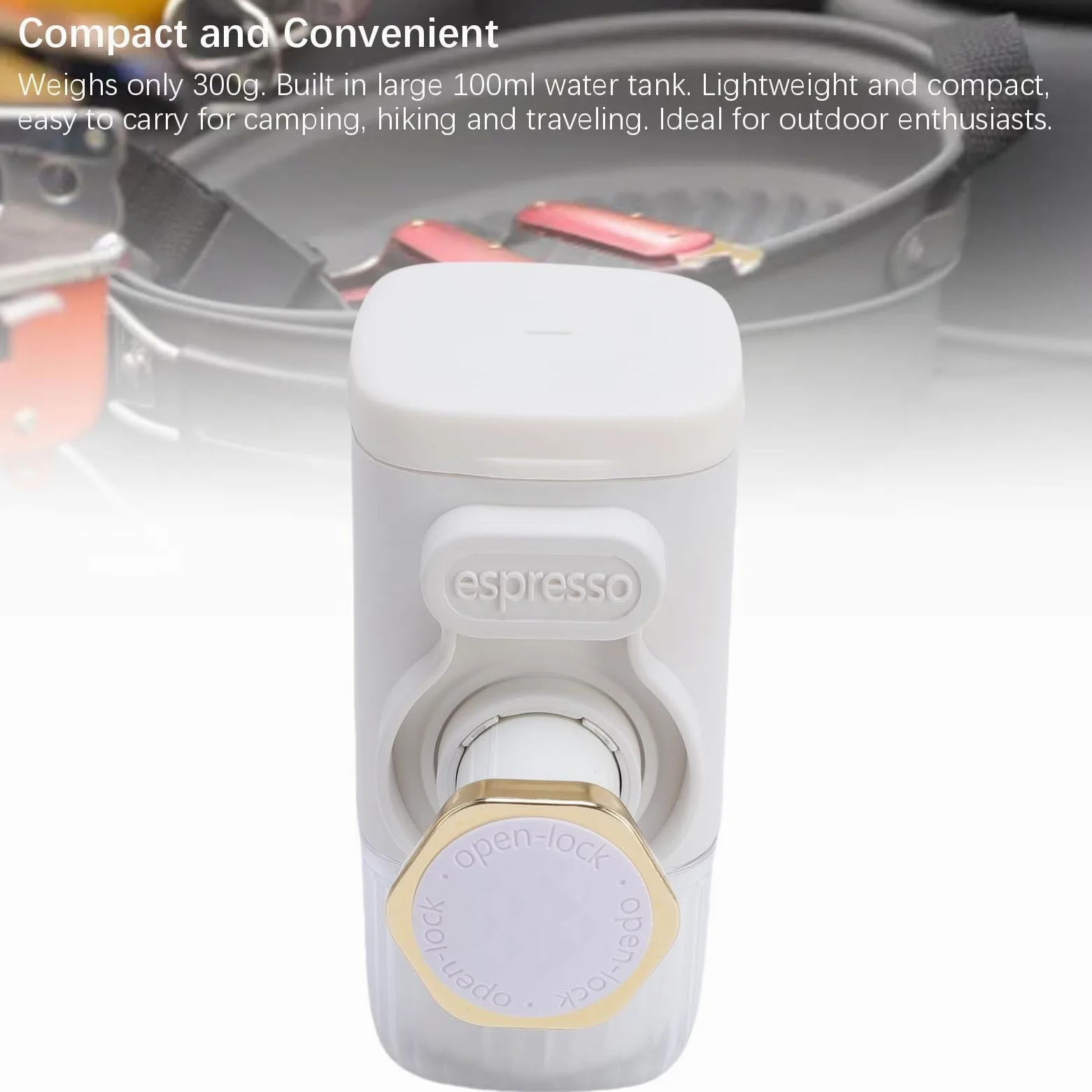Cafetera portátil de mano, compacta y ligera, funciona manualmente para viajes, camping y senderismo (blanco)