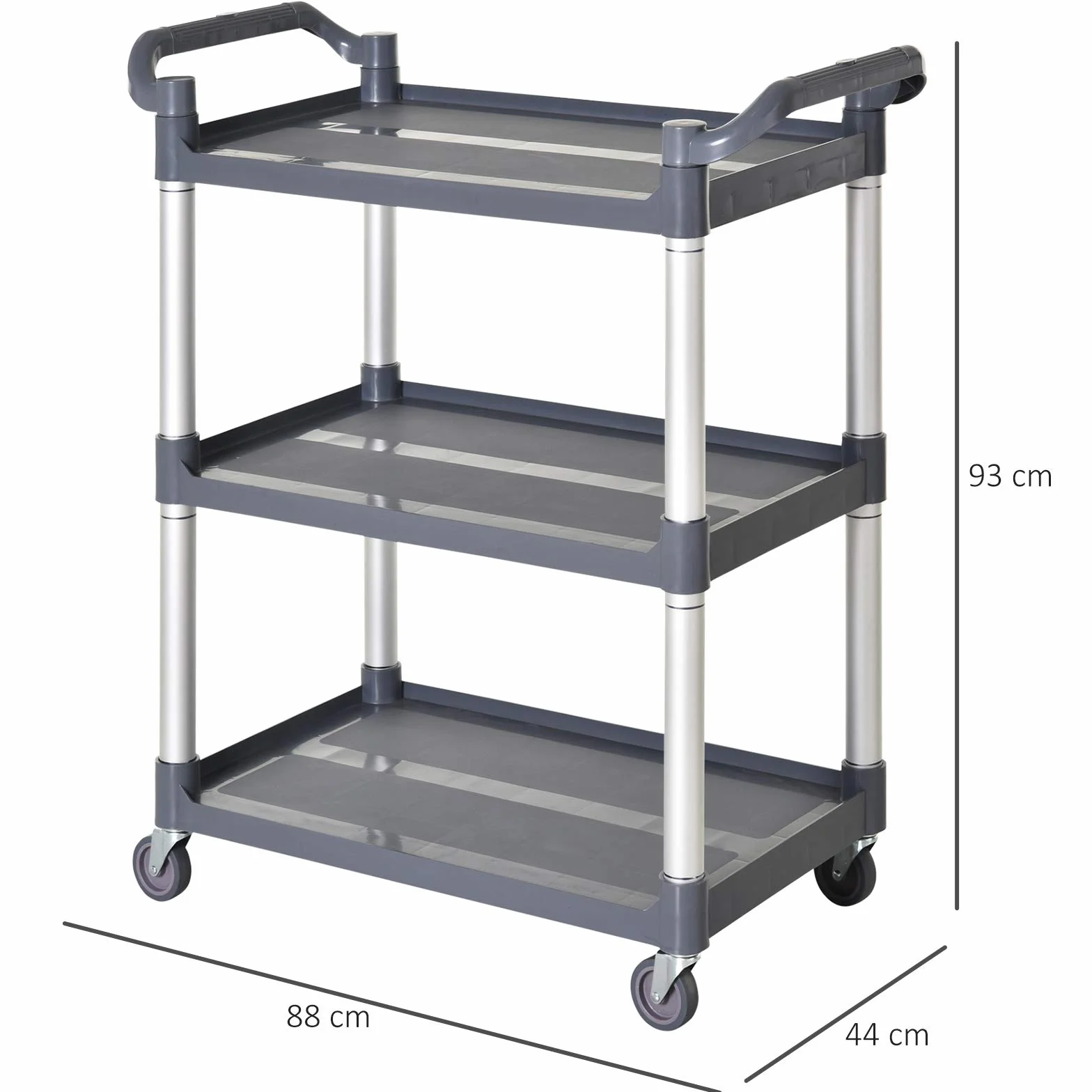 HOMCOM Carrito Auxiliar con Ruedas de 3 Niveles, Marco de Aleación de Aluminio, Carrito de Cocina, Carga de 35 kg por Estante, para Comedor, Sala, Baño, 88x44x93 cm, Gris
