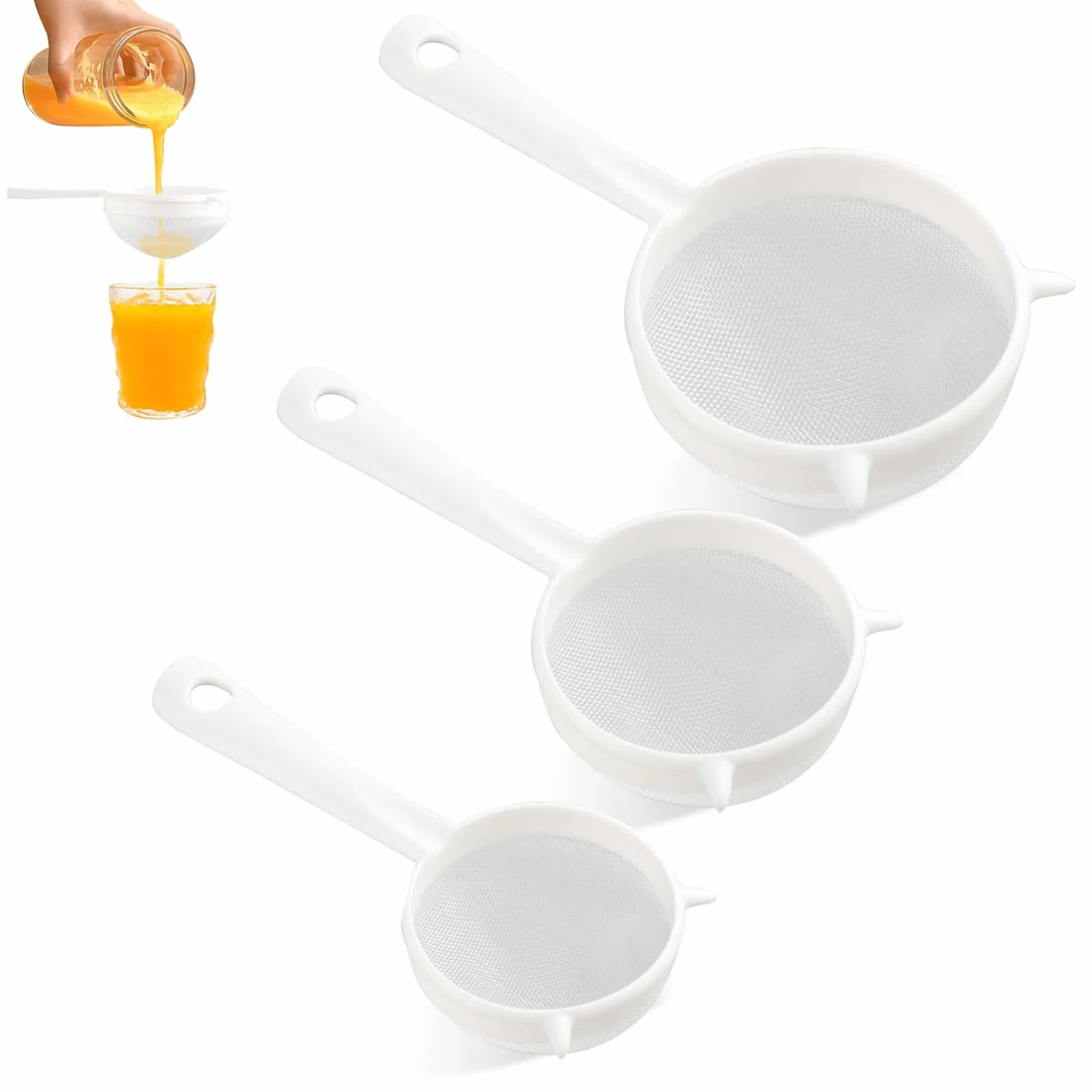 3 Piezas Colador de Plástico, Colador Multiusos, Colador doméstico ø 13.5 cm ø 9 cm ø 6 cm, para Colgar, Adecuado para Filtrar Té, Pasta, Harina, Arroz y Jugo