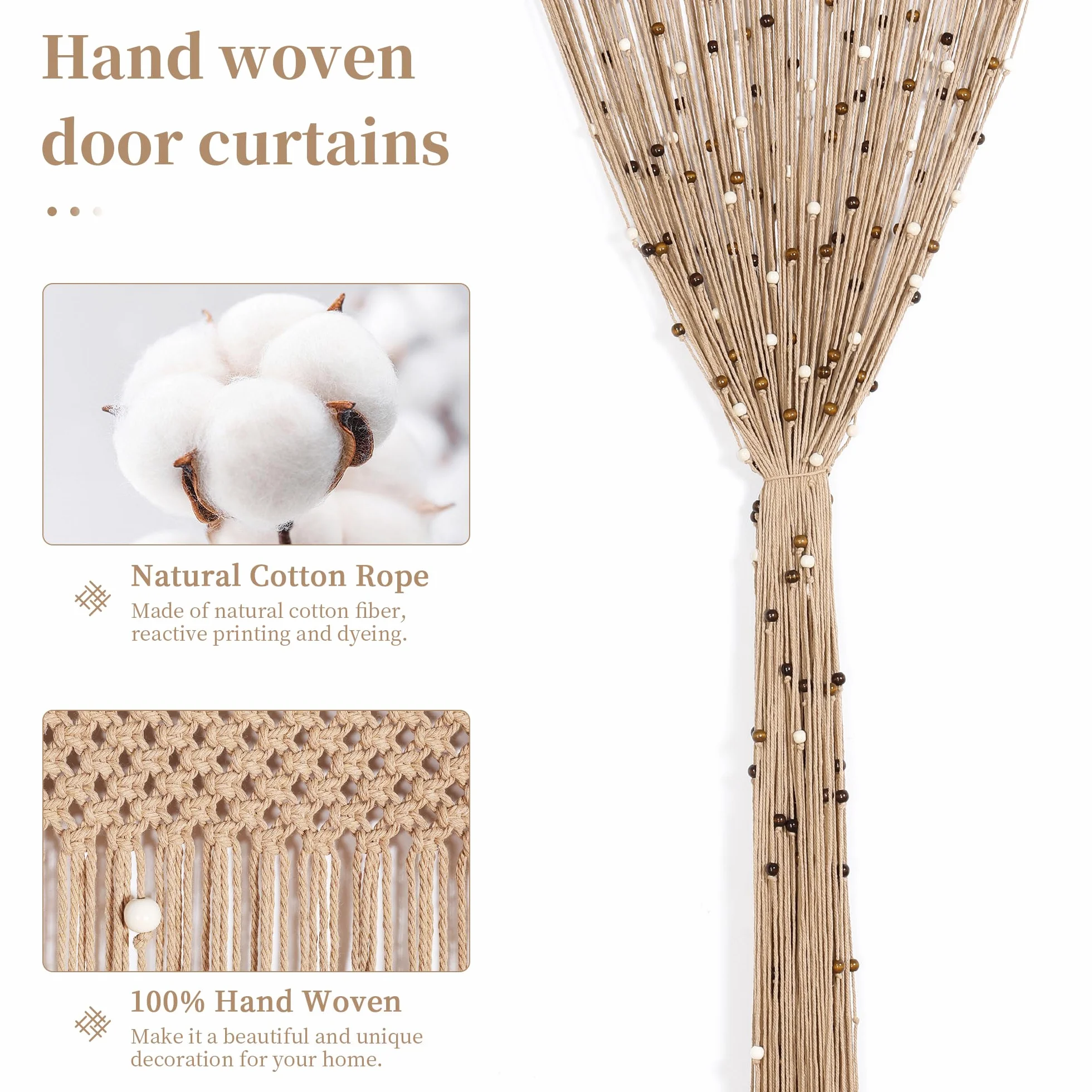 BECHAEO Cortina de Cuentas de macramé, Hecha a Mano, de algodón, para Puerta, Ventana, Cuentas de Madera, Colgante, Divisor de habitación, Armario, Dormitorio, decoración de privacidad, 2 Paneles de