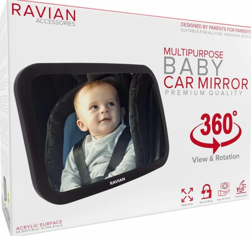 RAVIAN Espejo de coche para bebé para asiento trasero - Espejo de asiento más seguro con vista cristalina, a prueba de roturas, ajustable (paquete de 1)
