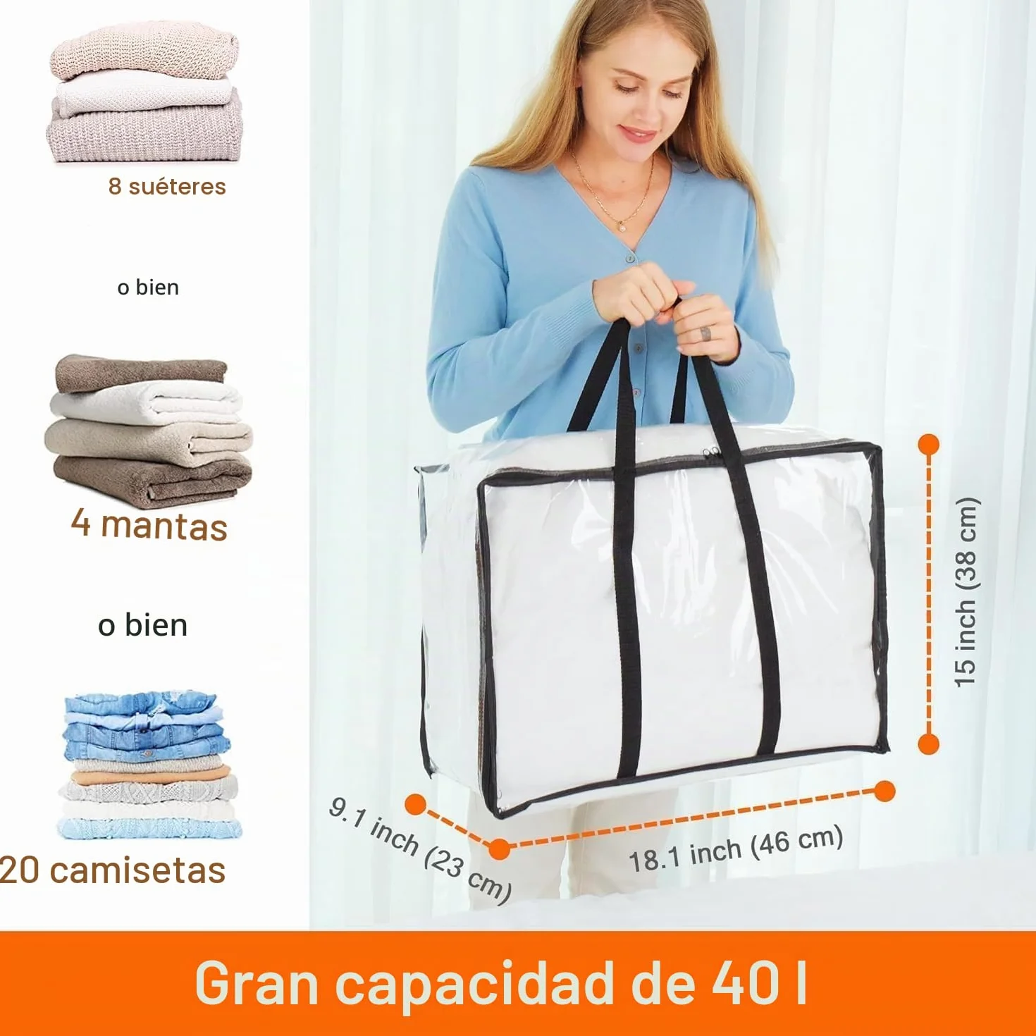 Vieshful 3 Piezas Transparentes Bolsas para Guardar Ropa, Bolsas Almacenaje Ropa Plegable 40L de PVC, Organizador Armario, Cajas Almacenaje con Asas para Edredón Mantas Mudanza Móviles Juguetes