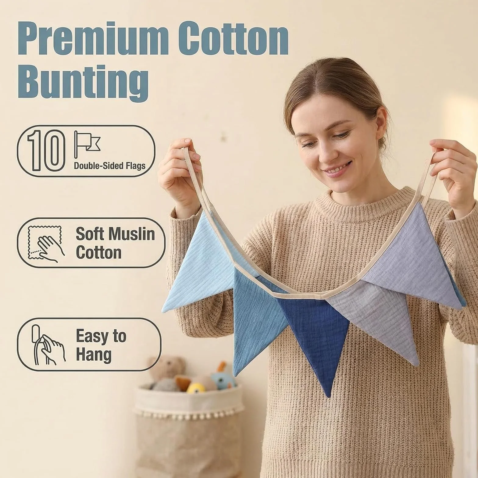 Guirnalda de banderín de algodón suave, guirnalda de banderines de gasa para decoración de habitación infantil, cama de casa y pared de fiesta, ideal como regalo perfecto (azul)