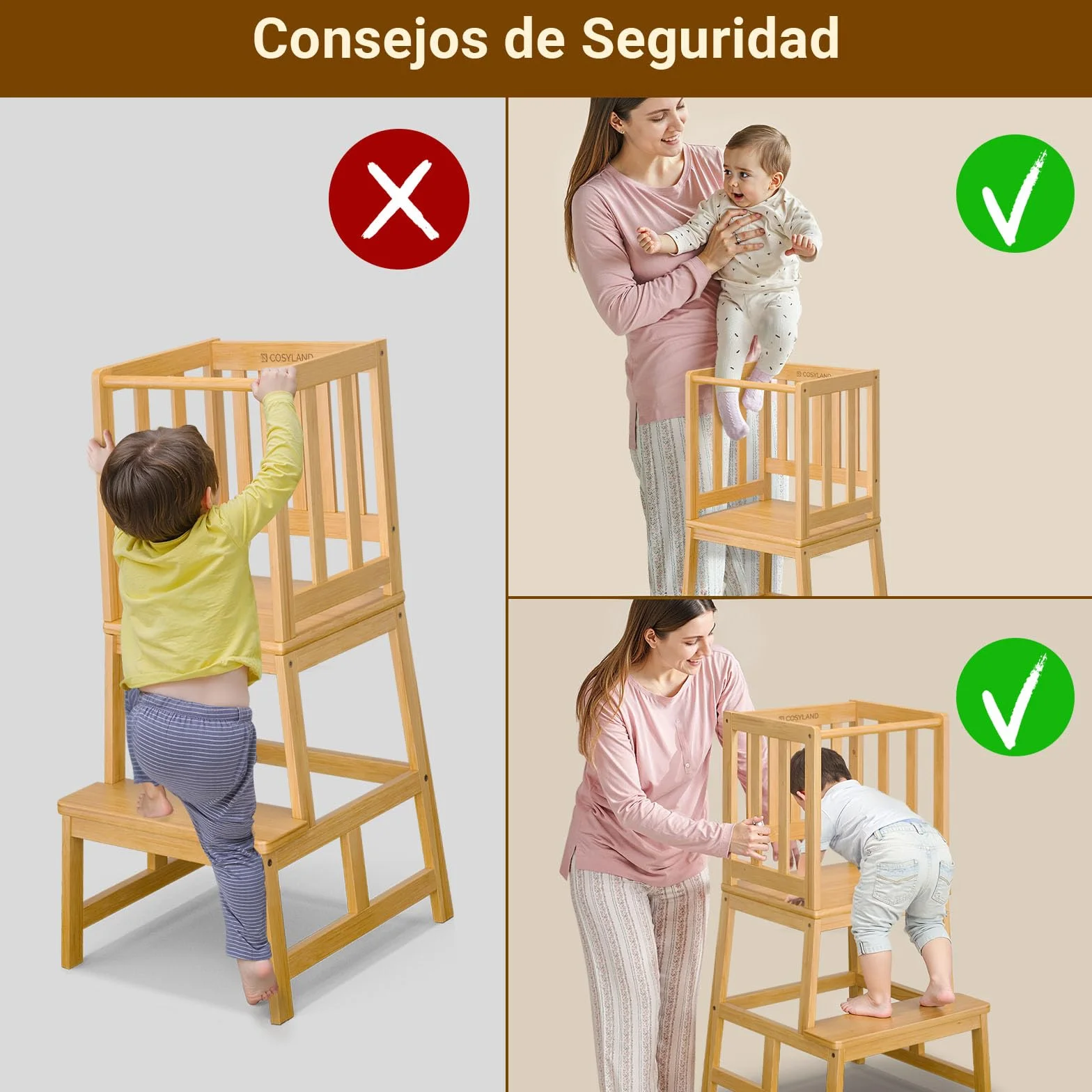 COSYLAND Torre de Aprendizaje Montessori Natural Bamboo 18 Meses Antivuelco