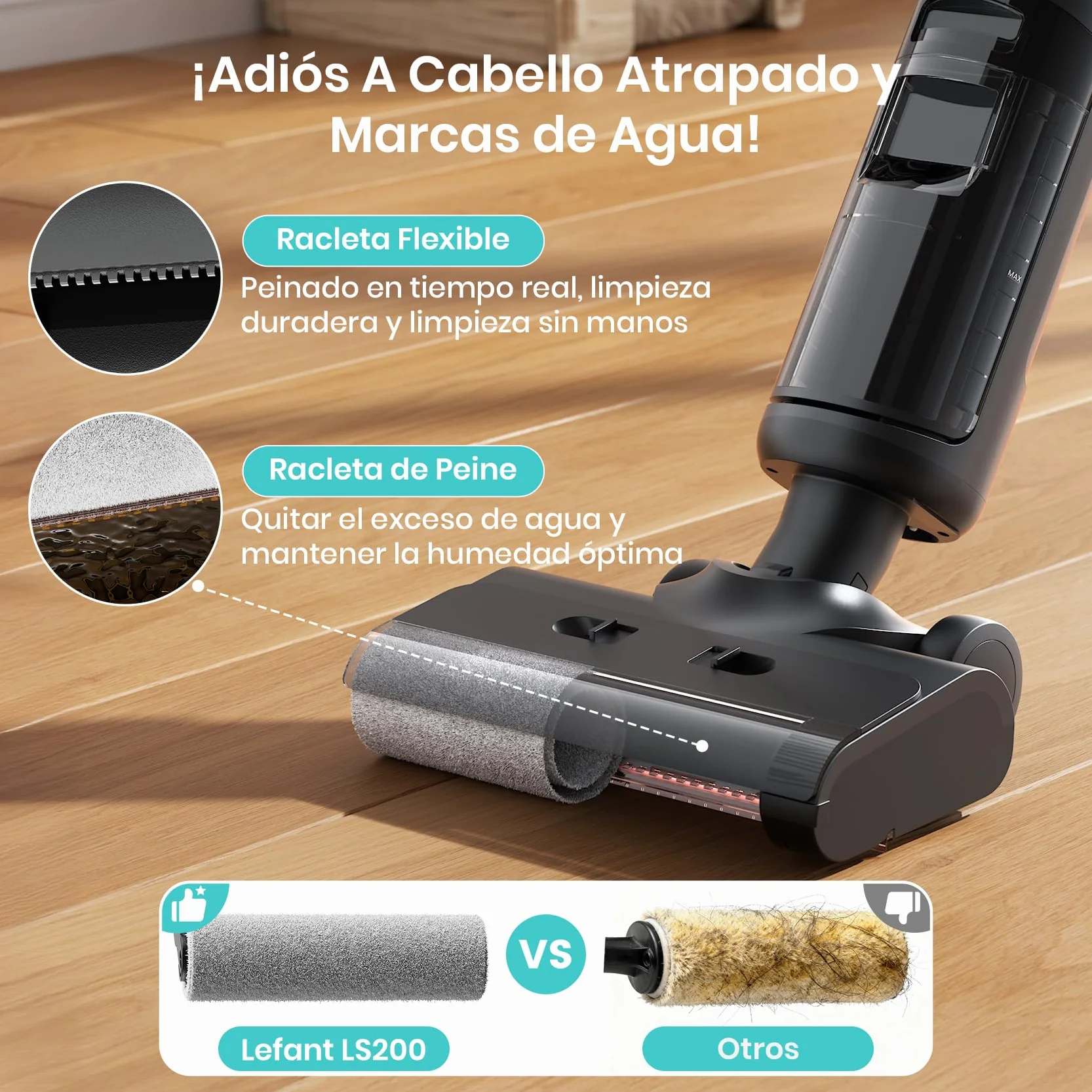 Lefant LS200 Aspiradora Fregadora Sin Cable, 13 000 Pa, 3 en 1 Barre Aspira Friega, 30 Min de Autonomía, 216㎡, Borde de 5 mm, Autolavado, Ligero y Fácil de Usar, para Suelos Duros
