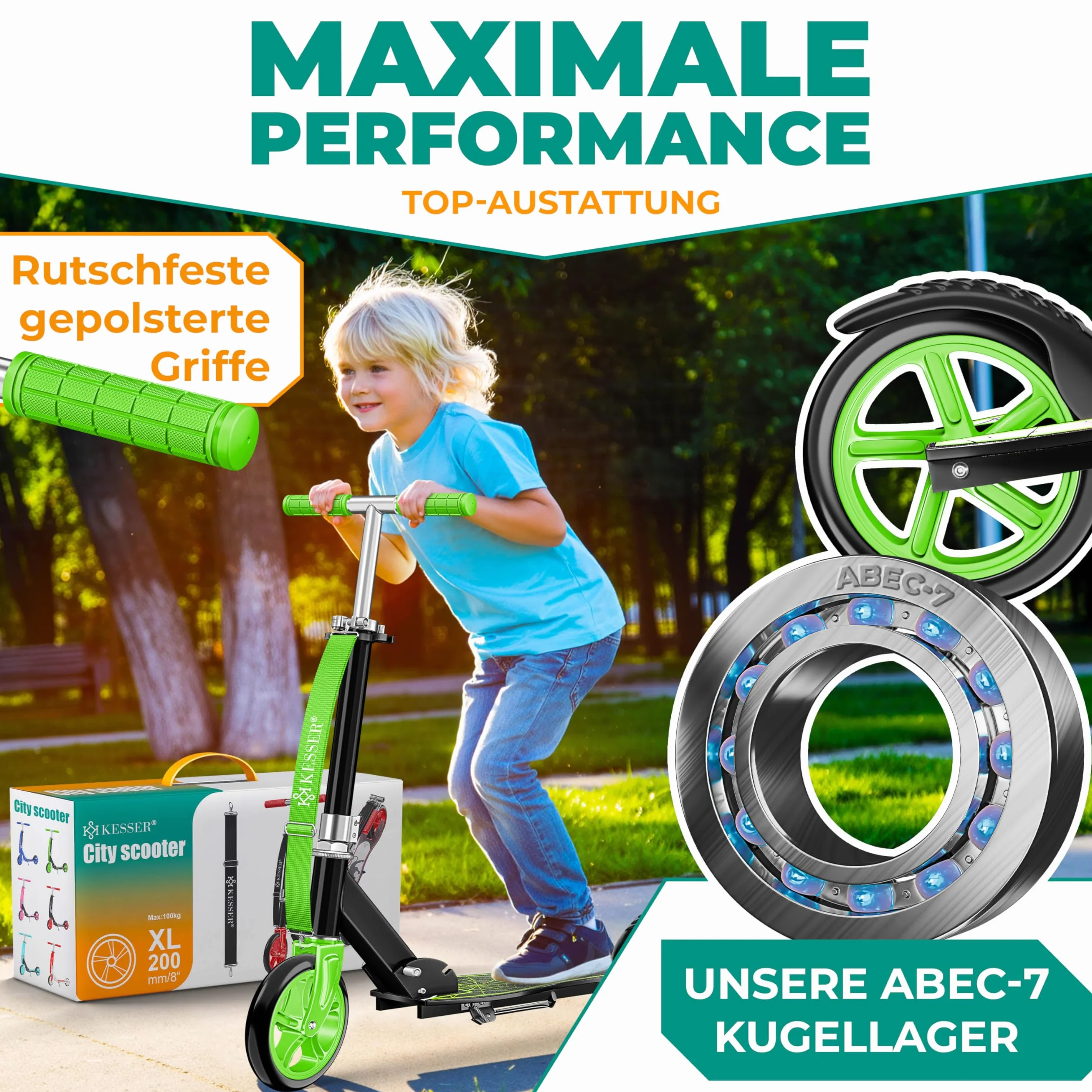 KESSER City Scooter Plegable para Niños, Patinete Regulable en Altura hasta 100 kg, Freno Trasero
