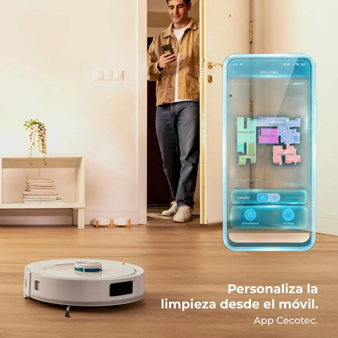 Cecotec Robot Aspirador - Base Autovaciado 3L - IA y Navegación Láser - 25000Pa - Conga Y90 Pearl. Autonomía 240mins en Modo Eco, Cepillo Silicona, Ideal Casas Mascotas, Bluetooth y WiFi, 2 Mopas