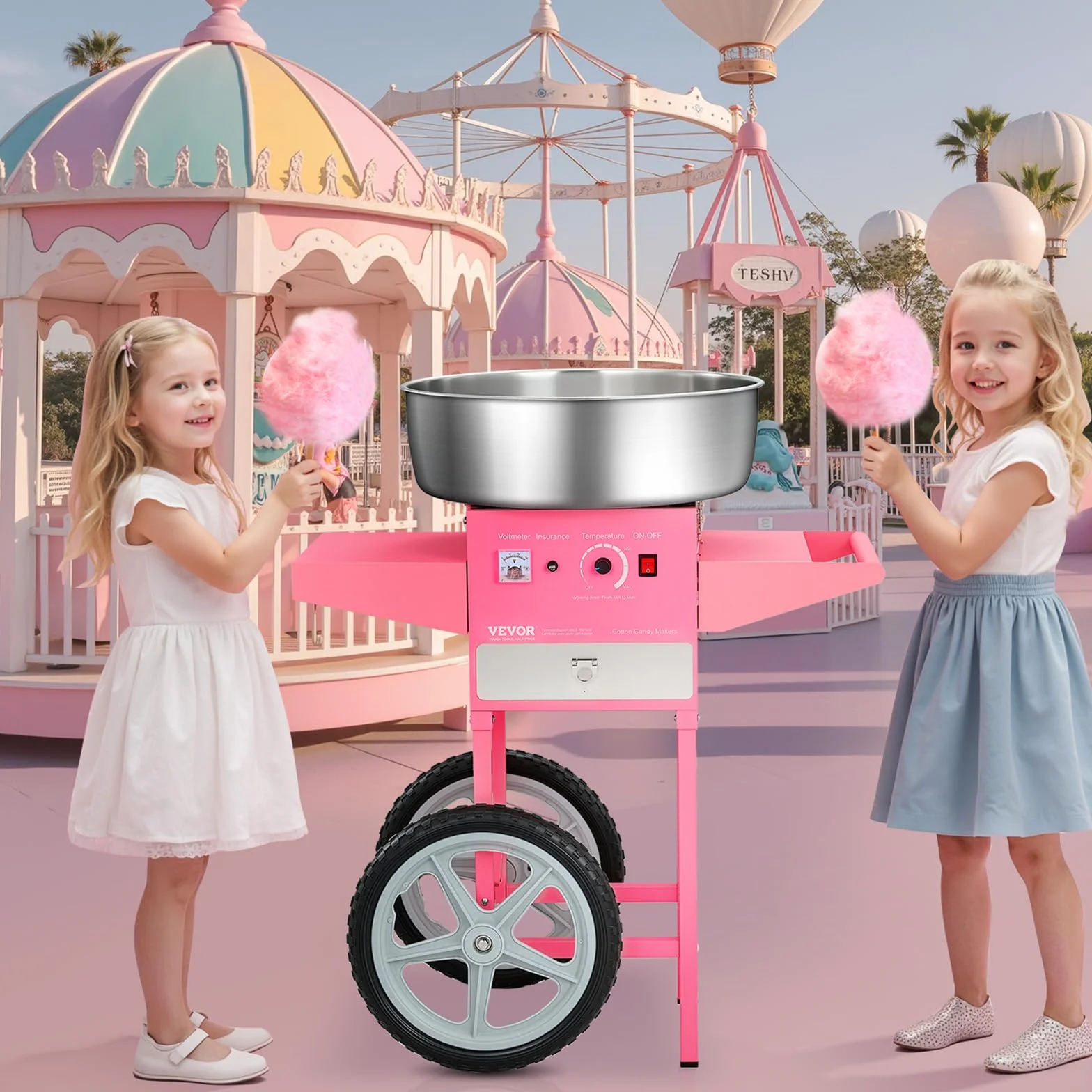 VEVOR Máquina Eléctrica de Algodón de Azúcar con Carro, 1000 W, con Recipiente de Acero Inoxidable de 52 cm, con Cuchara, para Hogar, Cumpleaños, Fiestas Familiares, Rosa, 819 x 520 x 855 mm