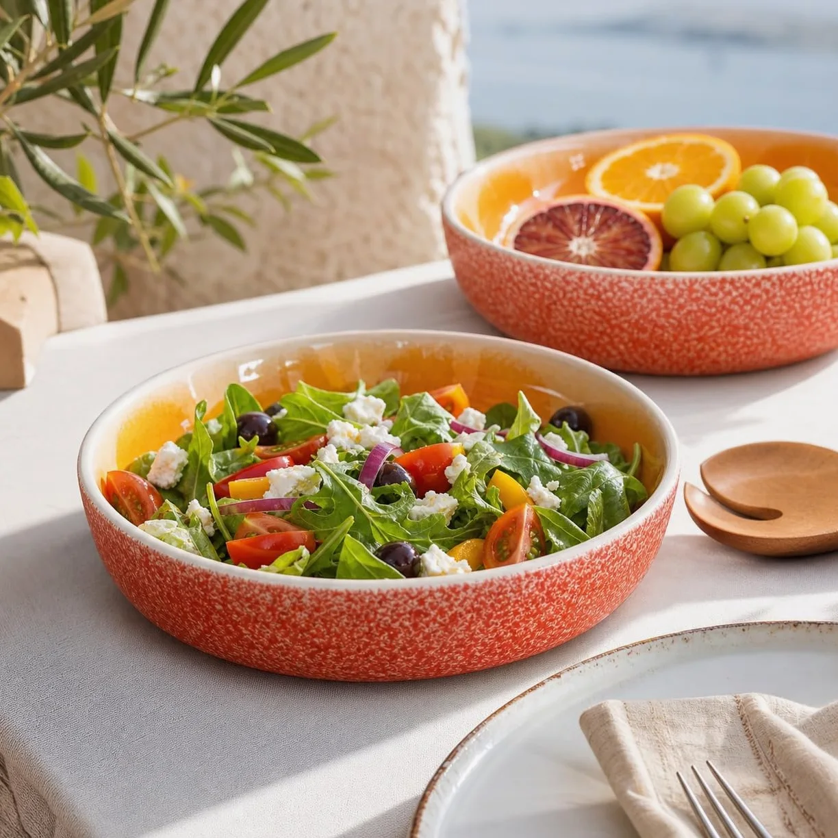 Ensaladera Naranja cerámica pack de 2, bowls grandes 28 cm para ensaladas, fruta y mesa mediterránea