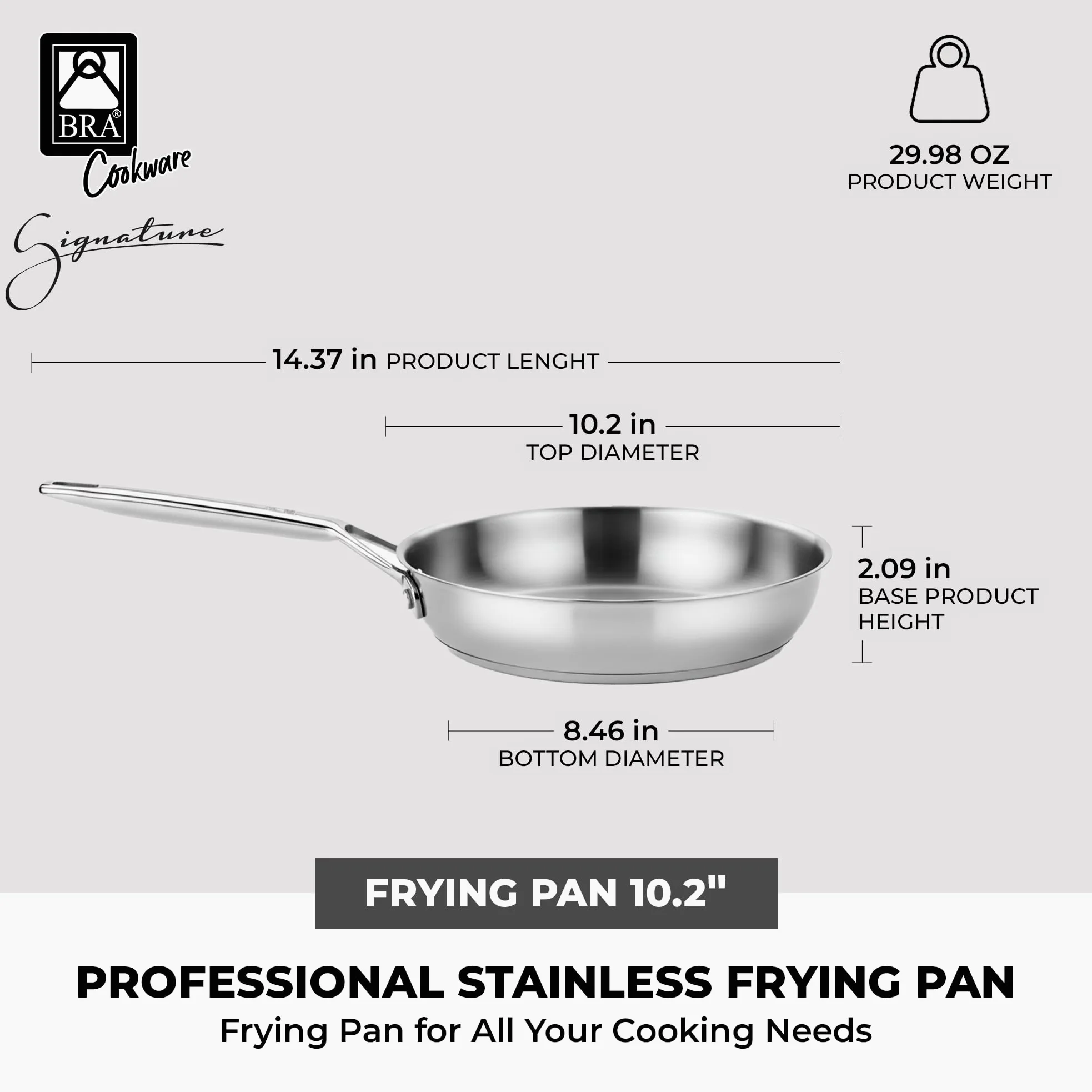 BRA Sarten Acero Inoxidable Signature 26 Cm Induccion | Sartén grande de acero inoxidable para cocinas de inducción y otras fuentes de calor con base de difusor triple de 5,3 mm.