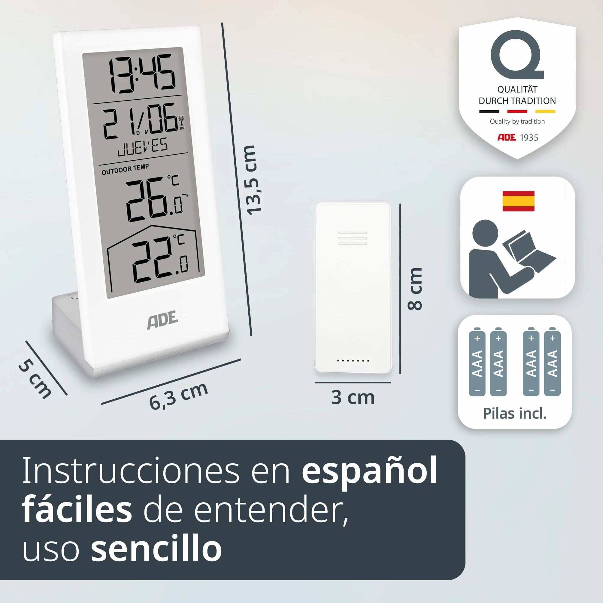 ADE Estación meteorológica digital inalámbrica con sensor exterior | termómetro para temperatura interior y exterior | reloj y calendario radiocontrolados con día de la semana | incl. pilas | blanco