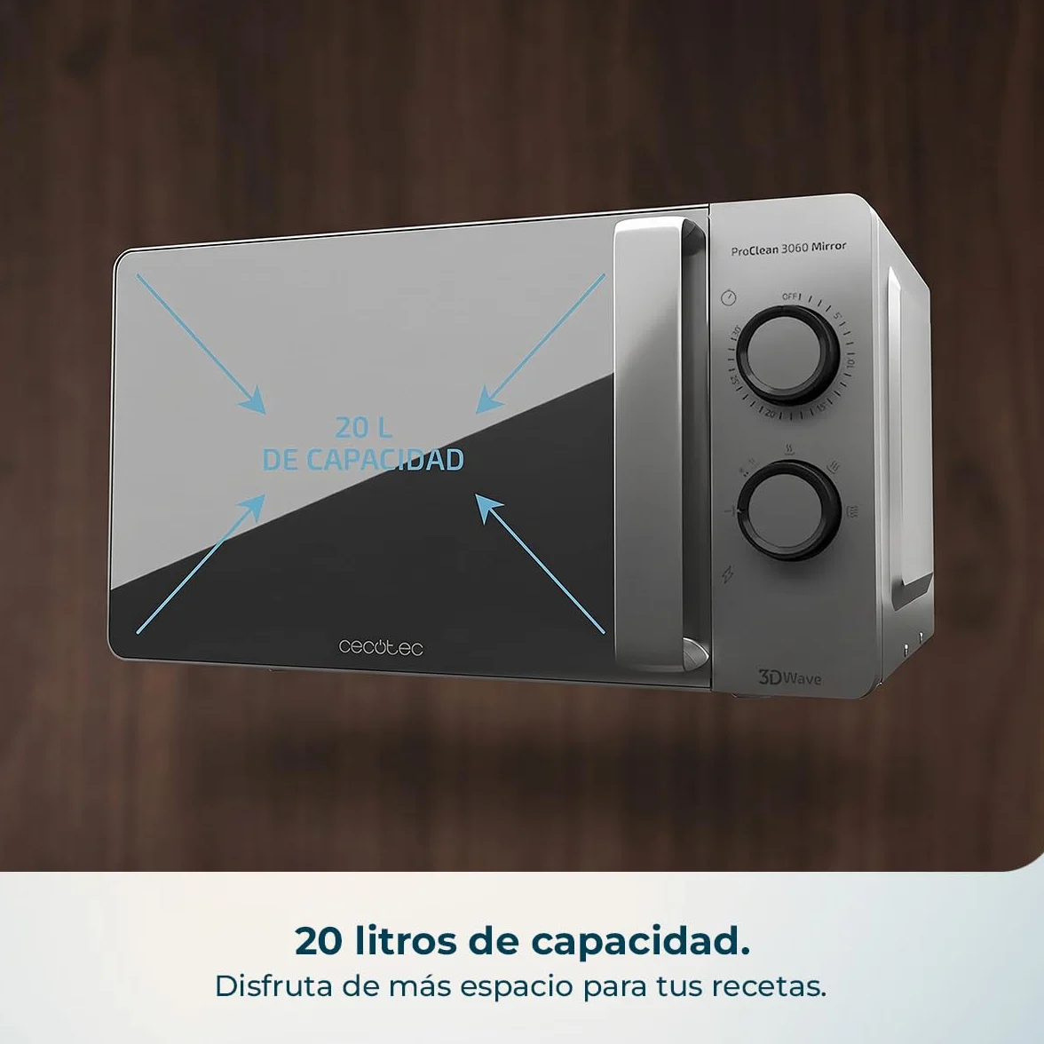 Cecotec Microondas 20L ProClean 3160 Mirror Wave con revestimiento Ready2Clean para una mejor limpieza, tecnología 3DWave, 700 W, 20 l, color plateado