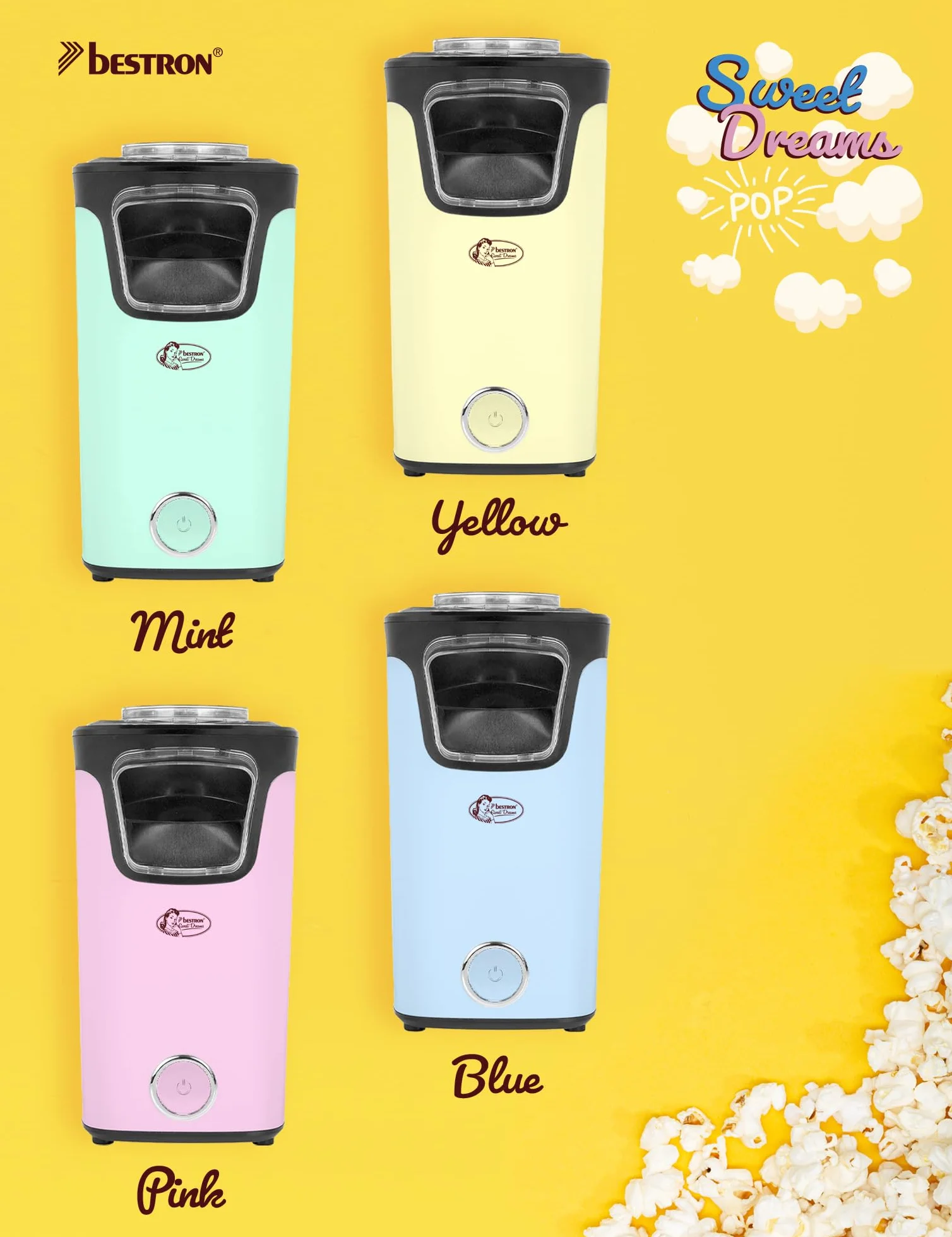 Bestron Palomitero, Turbo-Palomitas en menos de 2 minutos, con tecnología de aire caliente, incluye 10 bolsas de palomitas y taza medidora integrada, colección Sweet Dreams, Color: Amarillo