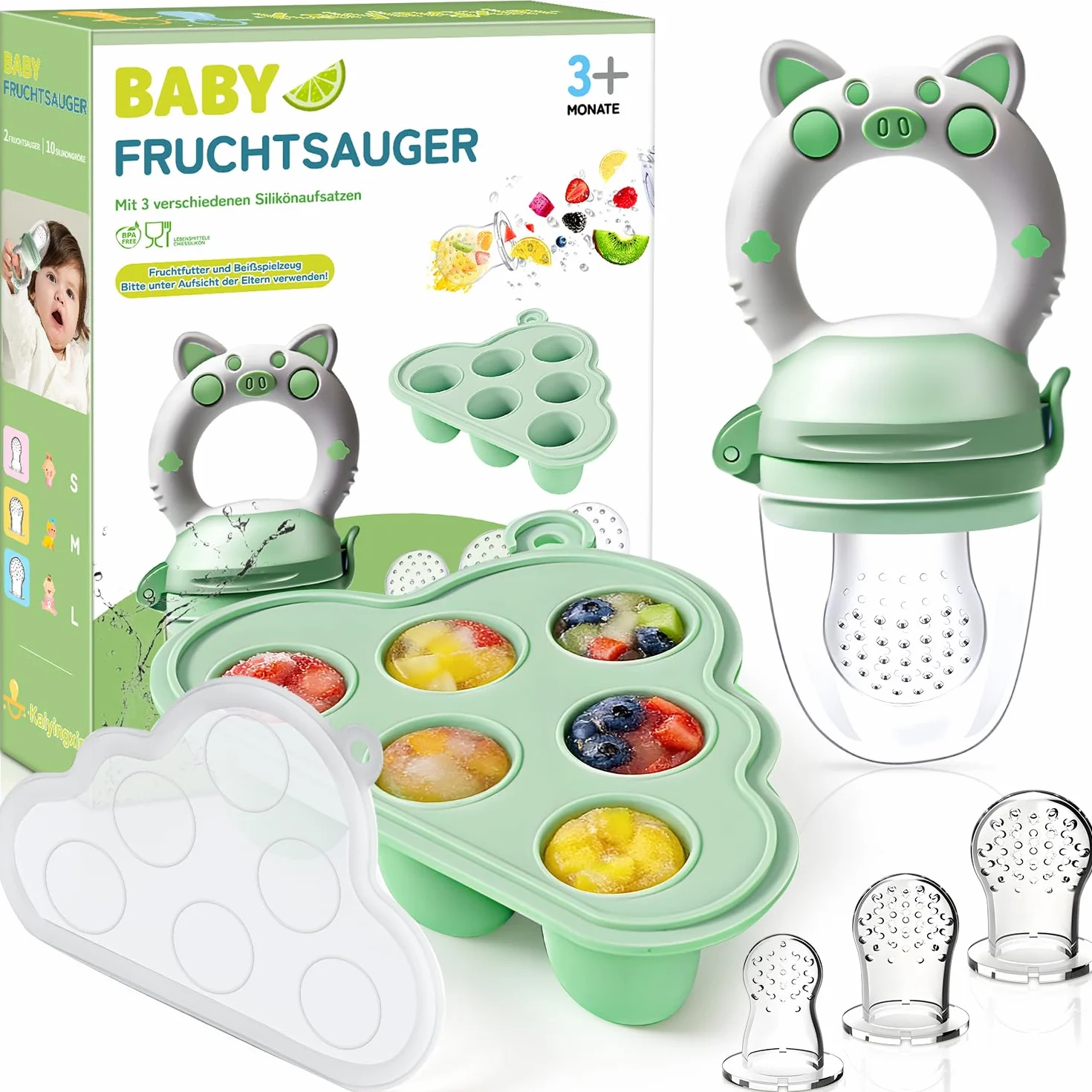 Chupete Fruta Bebe con Molde Helados y Tetinas Silicona 3 Tamaños, Alimentador Antiahogo 3-24 Meses