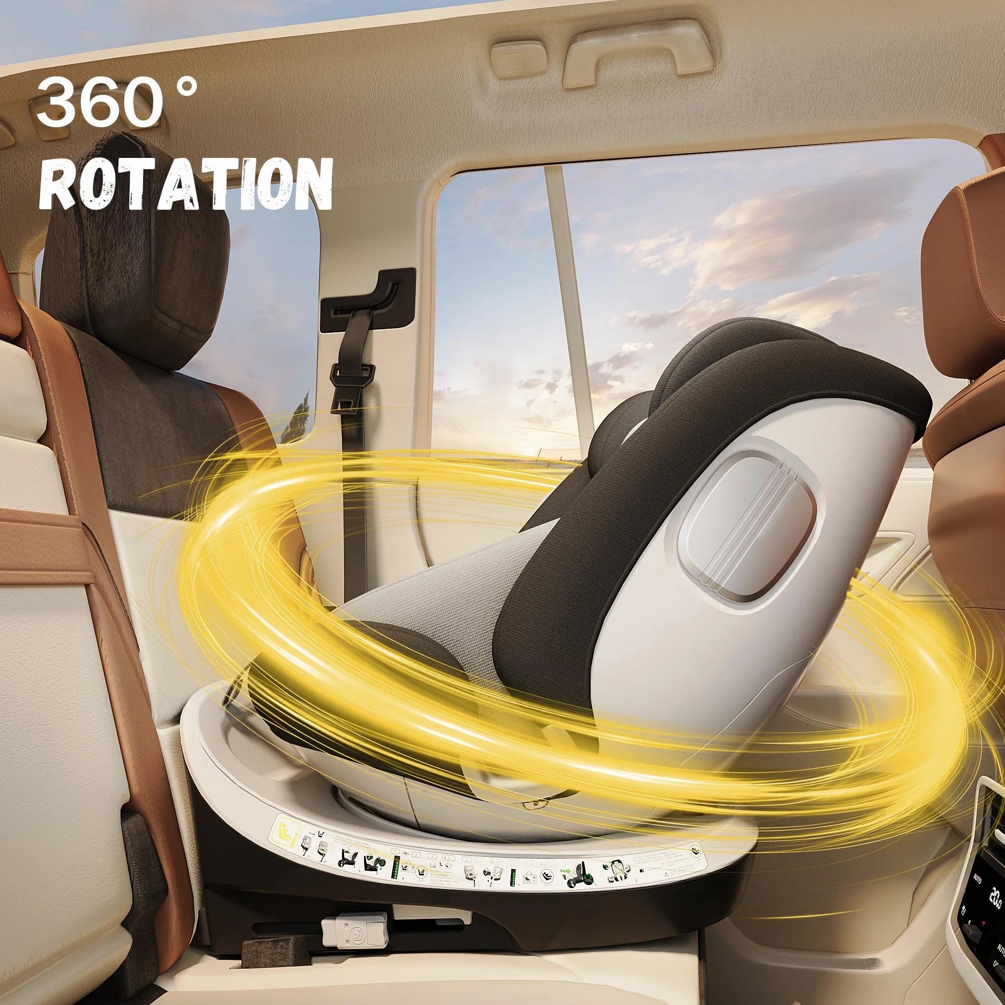 DEWINNER Sillas de Coche ISOFIX,I-Size 40-150 cm (0-36 kg),Silla Coche Bebé Grupo 0+/1/2/3, 5 Puntos Sillas de Coche Giratoria 360, RWF, FWF, Ajustable,Techo Anti-UV y Pata de Apoyo, ECER129 - Negro