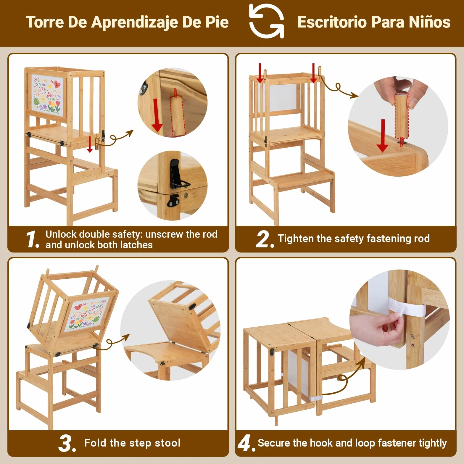 COSYLAND Torre de Aprendizaje 3 en 1 Bambú Convertible Escritorio Infantil Pizarra Dibujar Niños 18 Meses 6 Años Cocina Natural