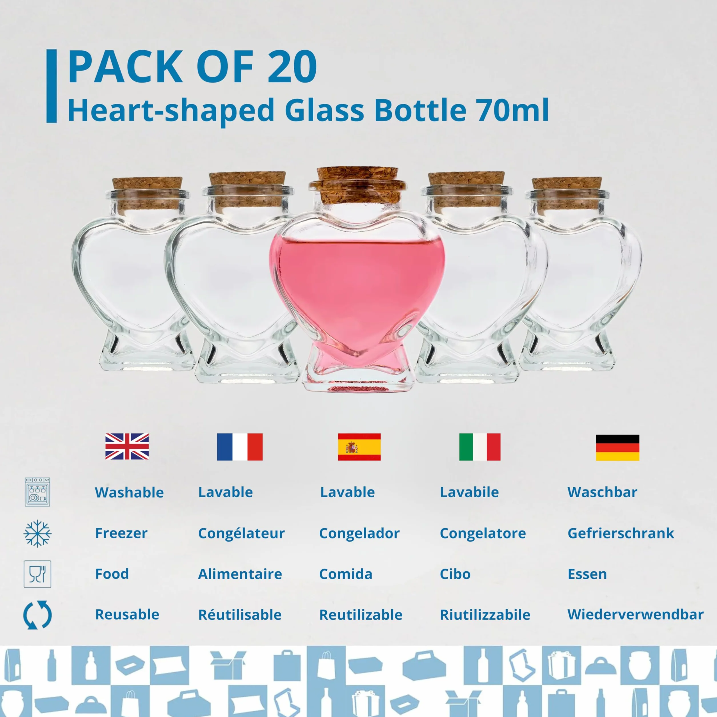 Espirito Rebelde 20 Frascos Mágicos en Forma de Corazón de 70 ml con Tapón de Corcho | Frascos de Cristal para Bodas, Bautizos, Comuniones, Regalos y Decoración de Eventos