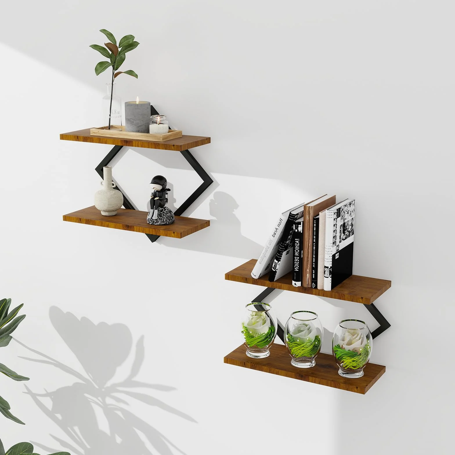 Estante Flotante 2 Niveles Madera y Metal, Resistente al Óxido y Moho, Estante Decorativo para Salón Cocina Baño Dormitorio, Ideal para Amas de Casa Inquilinos Amantes Almacenaje