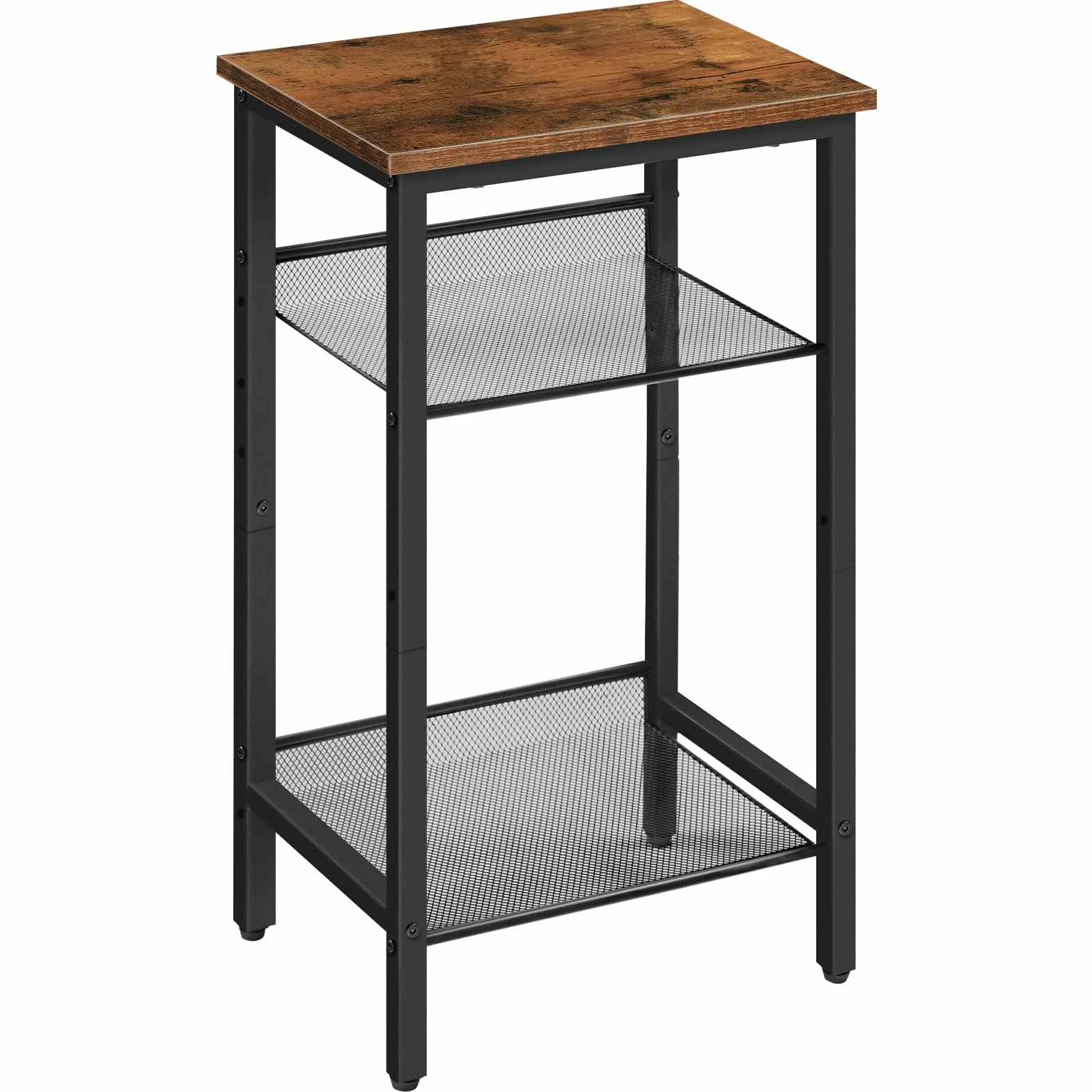 HOOBRO Mesita Auxiliar, Mesilla de Noche, Mesita de Teléfono, Estantes de Malla Ajustables, para Oficina y Sala de Estar, Estilo Industrial y Madera, Alto y Estrecho, Marrón Rústico EBF01DH01G1