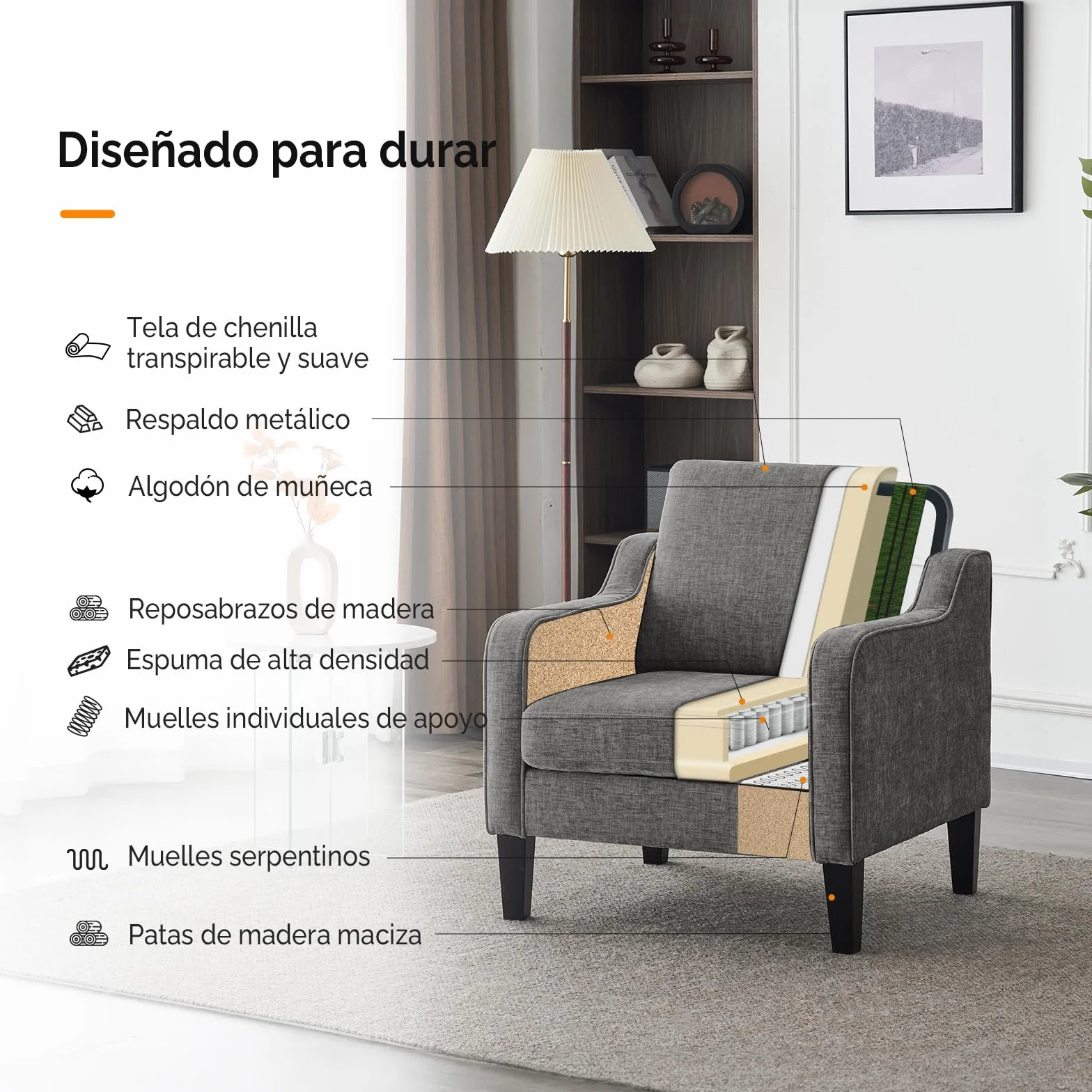 Bonnlo Juego de 2 Sillón de Salón, Butaca Moderna para Sala de Estar, Sofá Individual con Cojín Grueso y Patas de Madera, Sillón Individual Cómodo, para Salón, Oficina y Dormitorio, Gris