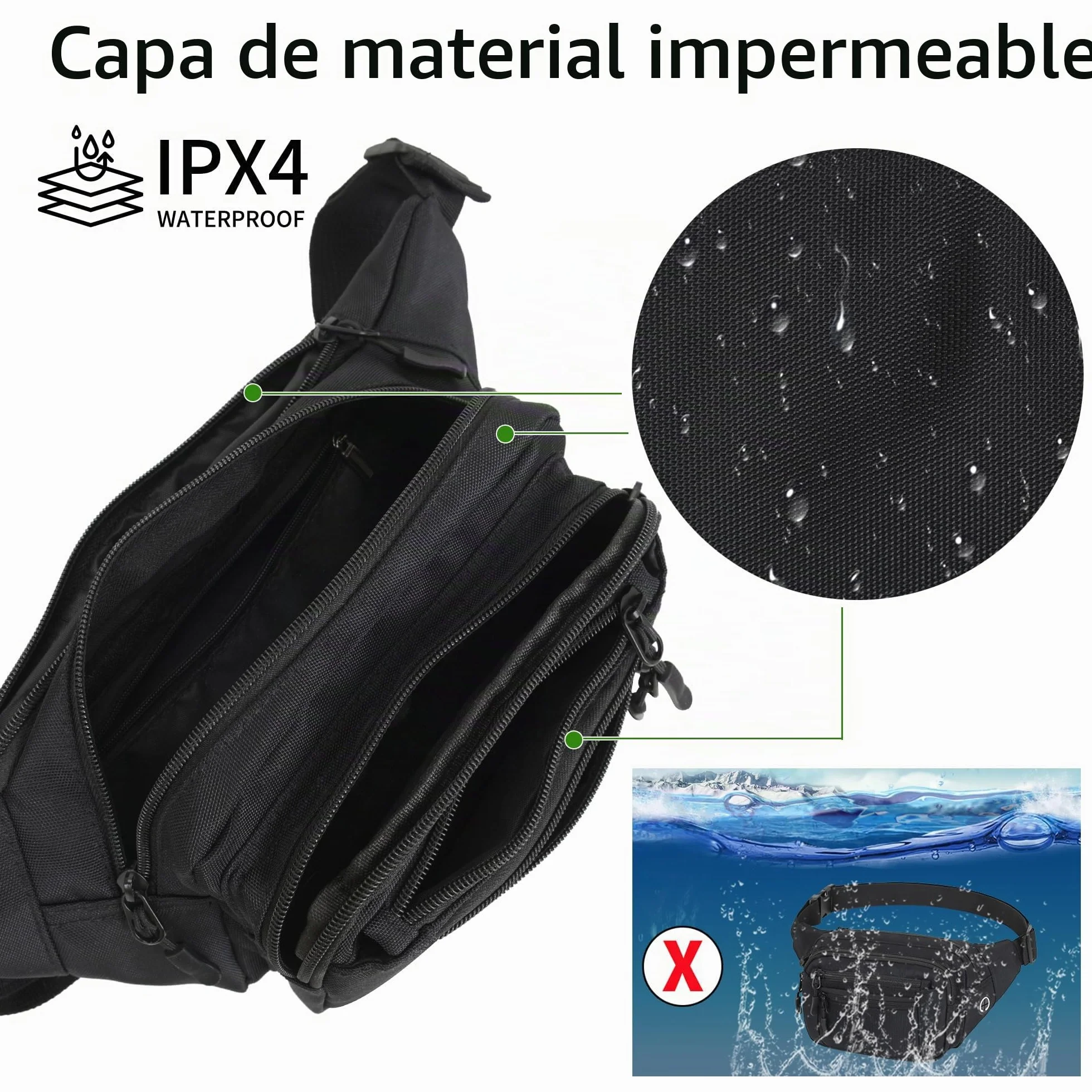 Riñonera Deportiva Unisex con Cinturón Ajustable 30 cm 6 Bolsillos Cremallera Negro