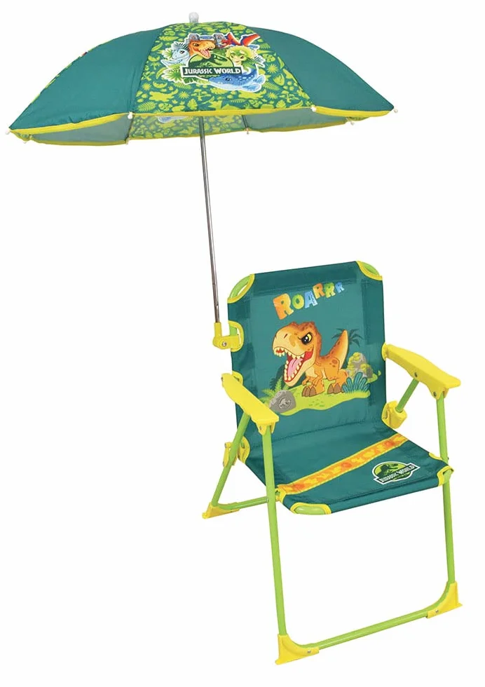 Fun House Infantil Jurassic World 713465 Silla Plegable Camping Dinosaurios Dimensiones: H.38,5 XL.38,5 x P.37,5 cm + Parasol Ø 65 cm, Multicolor