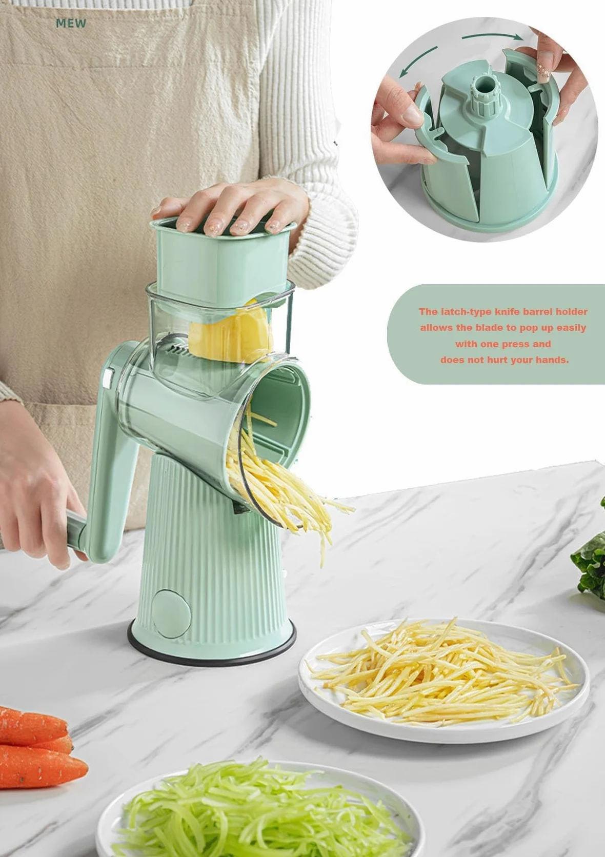Rallador de queso y cortador de verduras con 10 cuchillas intercambiables y base de succión para patatas, zanahorias, queso, chocolate y más