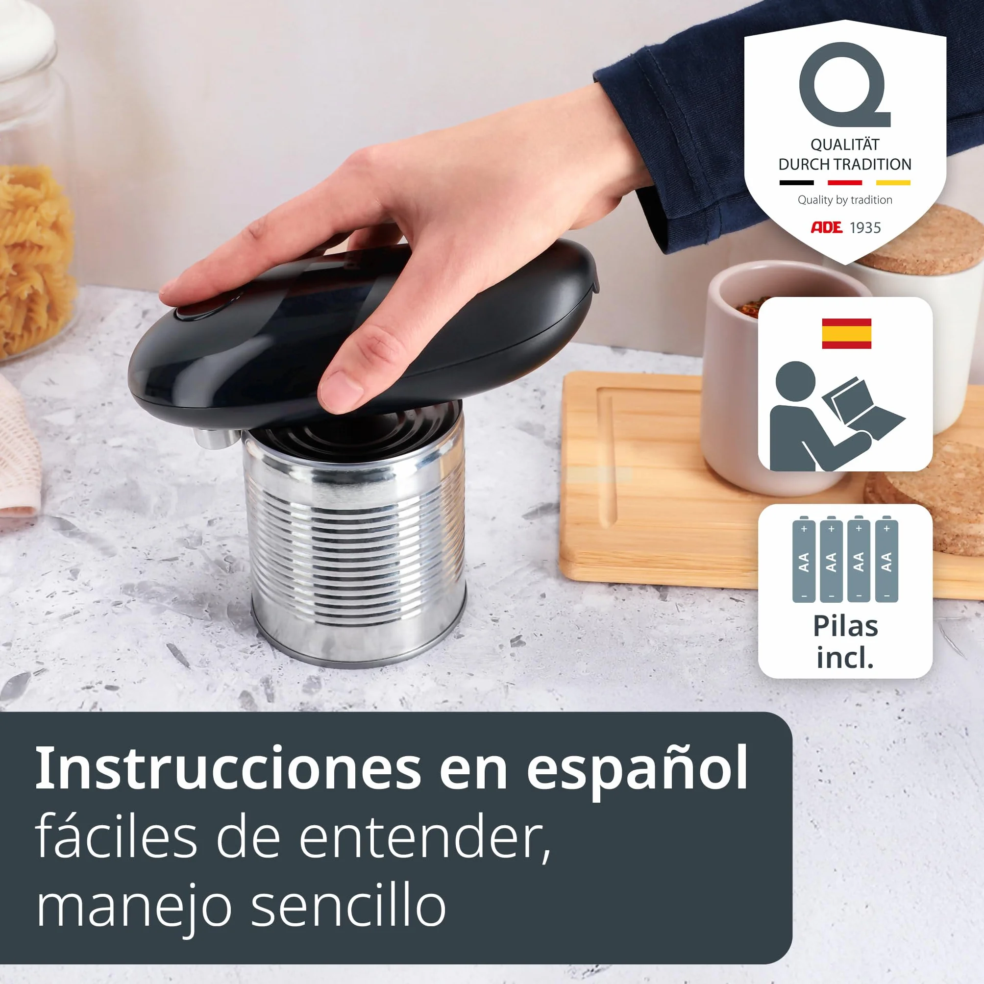 ADE Abrelatas eléctrico | abridor de botes sin esfuerzo | perfecto para personas mayores | práctico abridor de latas con imán y gancho | sin bordes afilados | pilas incluidas