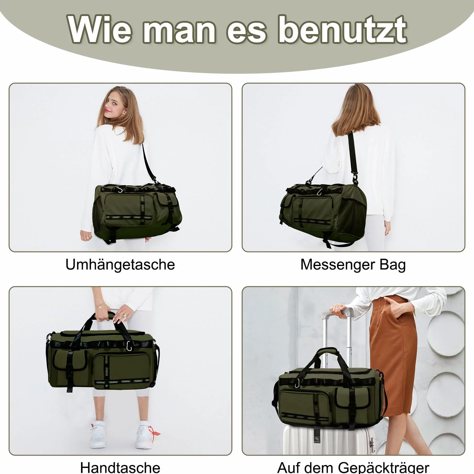 Sporttasche Damen mit Schuhfach & Nassfach 65L Gym Bag Reisetasche Caqui