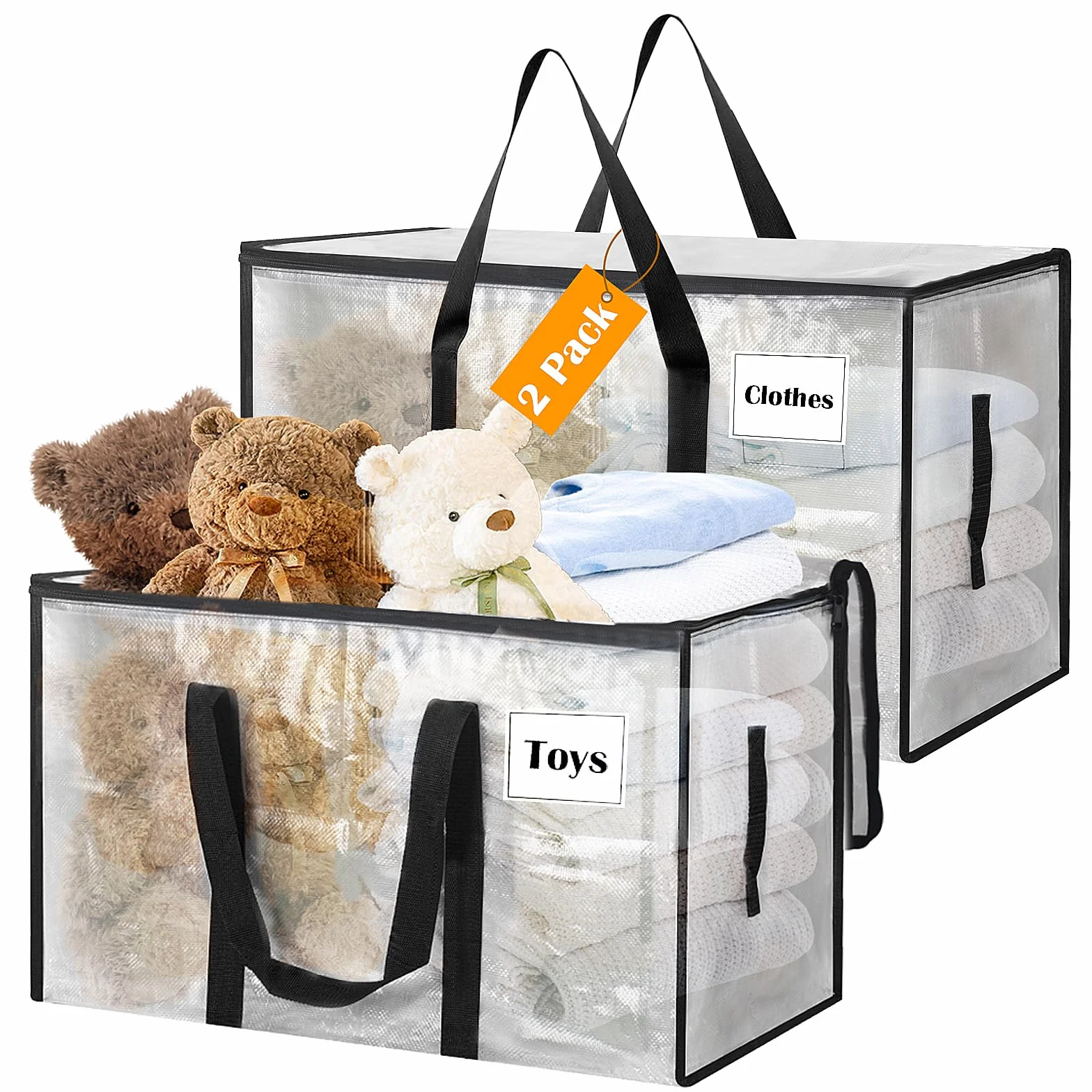 Withosent 100L Grande Bolsa de Almacenamiento, 2 Piezas Impermeable Bolsas de Mudanza con Cremallera y Asa, Bolsas para Guardar Ropa Edredones, Alternativa a las Cajas de Mudanza, Transparente