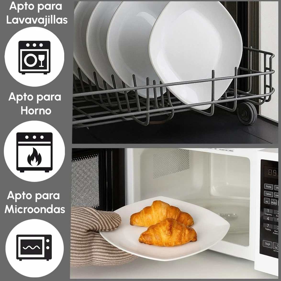 Juego de 12 platos llanos cuadrados en porcelana color blanco de 25 cm | Diseña tu propia vajilla moderna de 12 servicios. Su gran amplitud te permite servir los platos principales cómodamente.